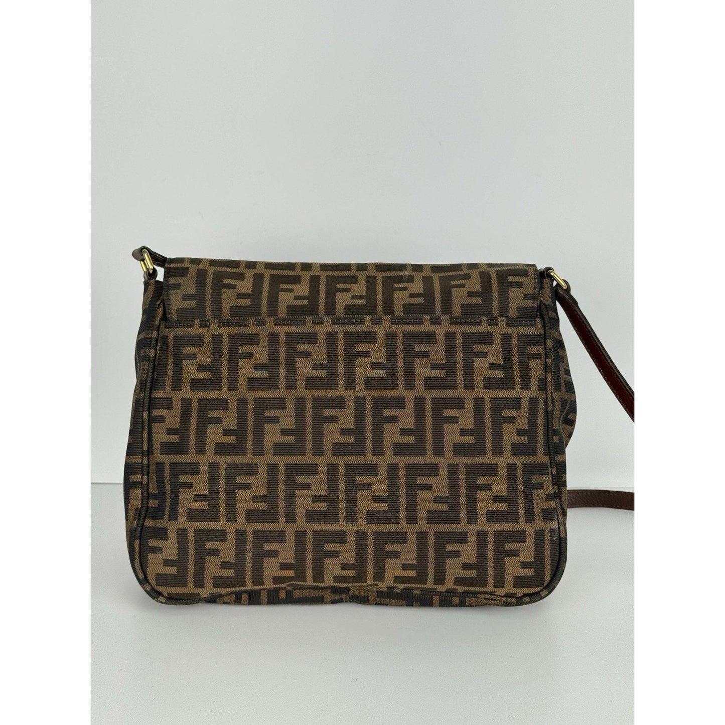 Fendi Tobacco Zucca Canvas Flap Crossbody Bag with Gold Hardware D-1