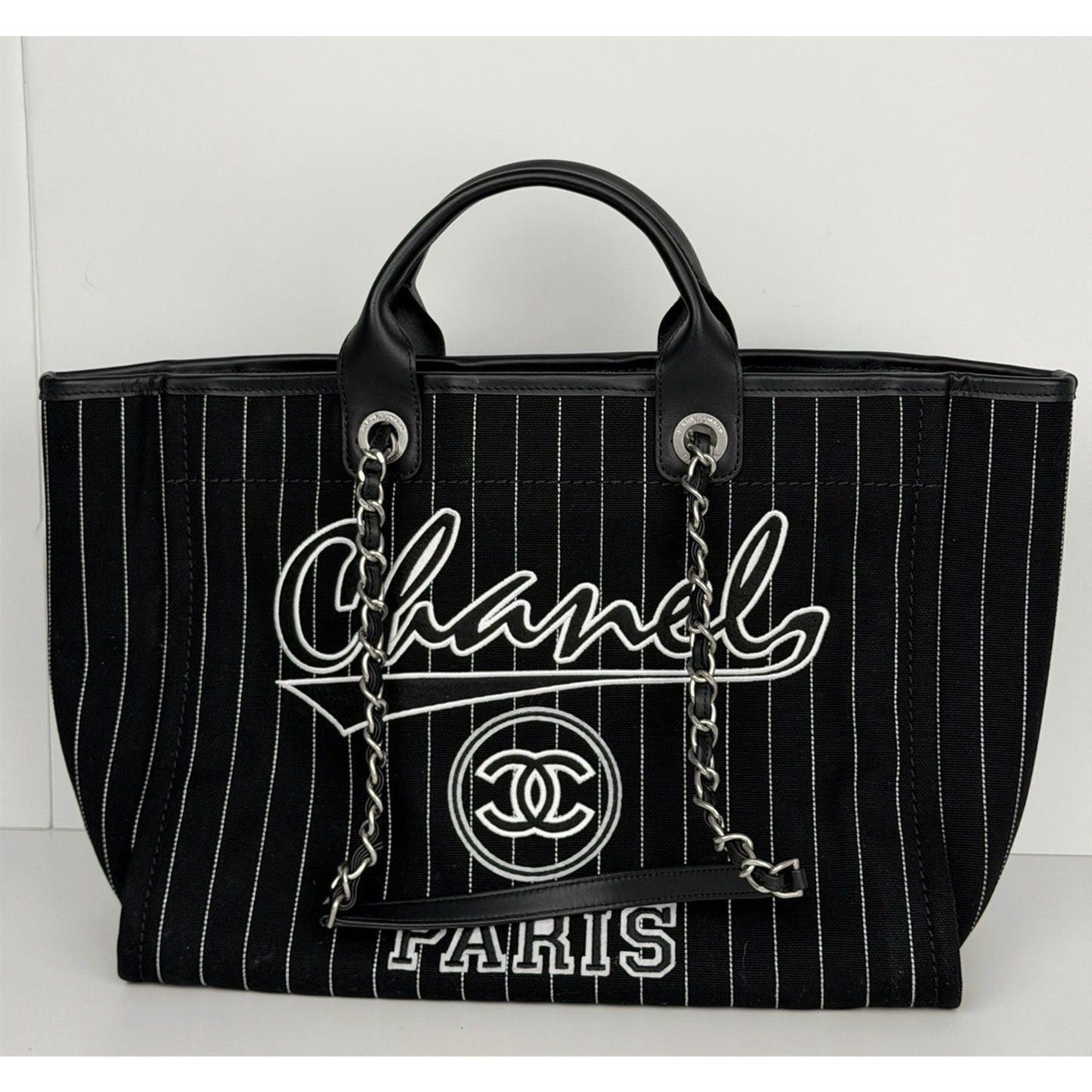 Chanel Deauville Large Shopping Tote Bag in Black and White Striped Canvas R1