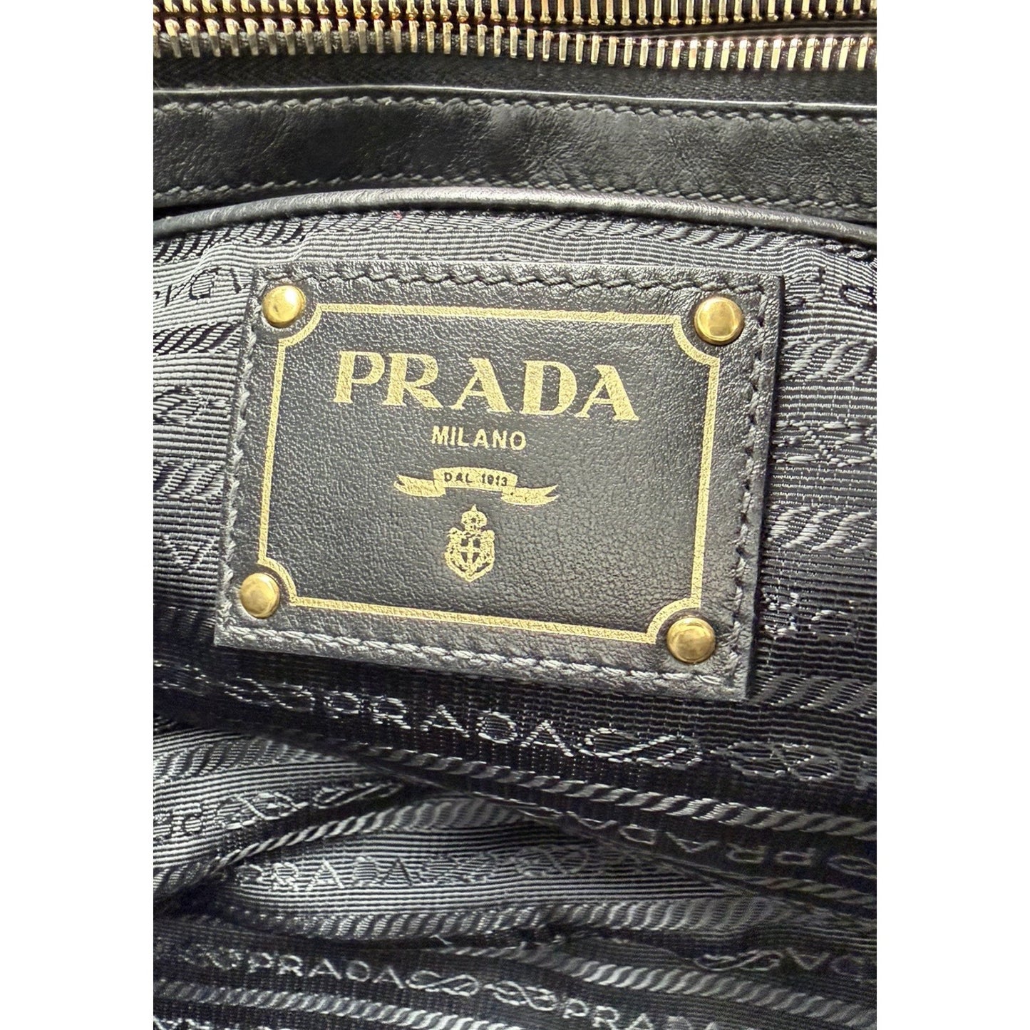 Prada Tessuto Tote Bag in Black Nylon with Gold Hardware Buckle Accents S
