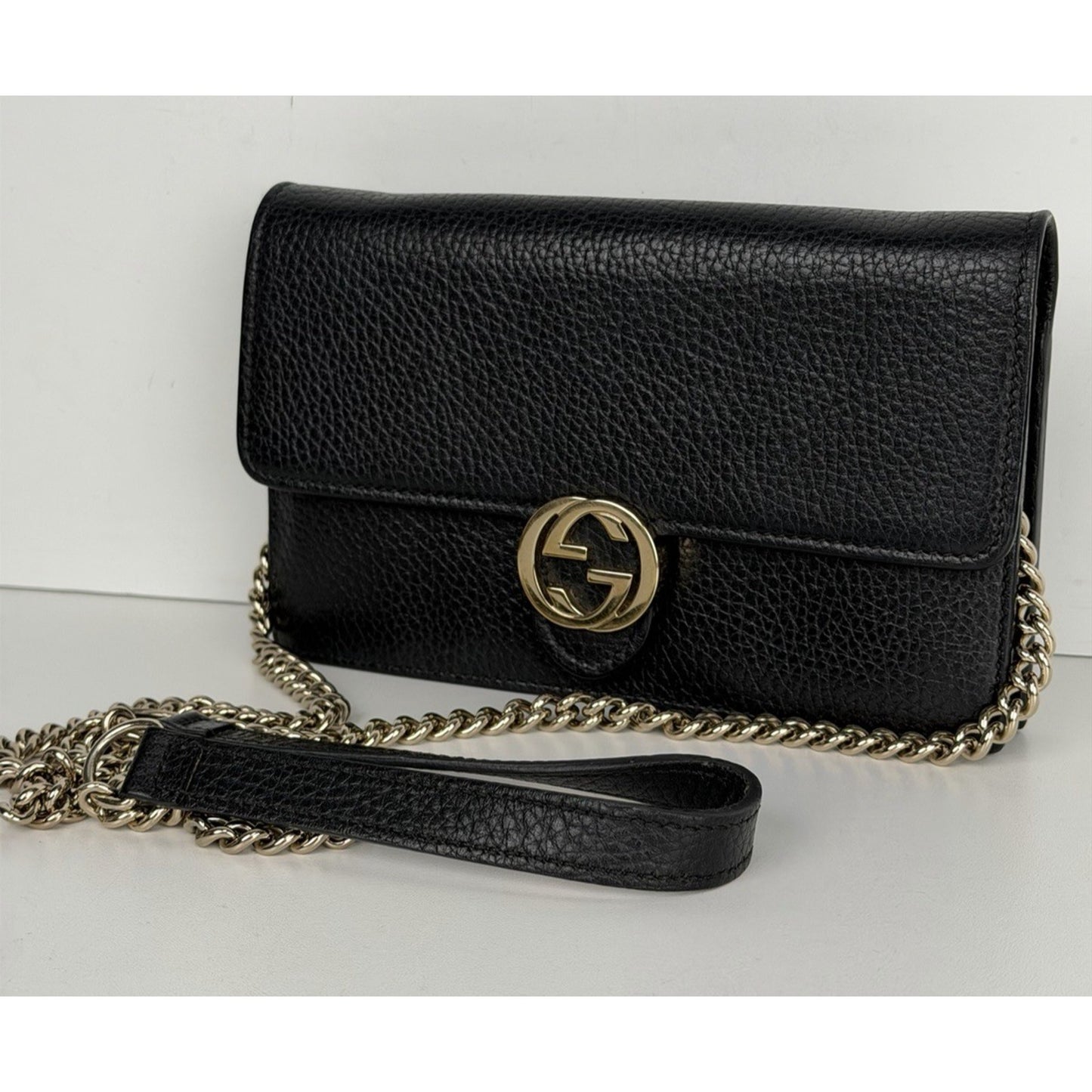 Gucci Pebbled Leather Interlocking G Chain Wallet Clutch Bag&Gold Hardware S