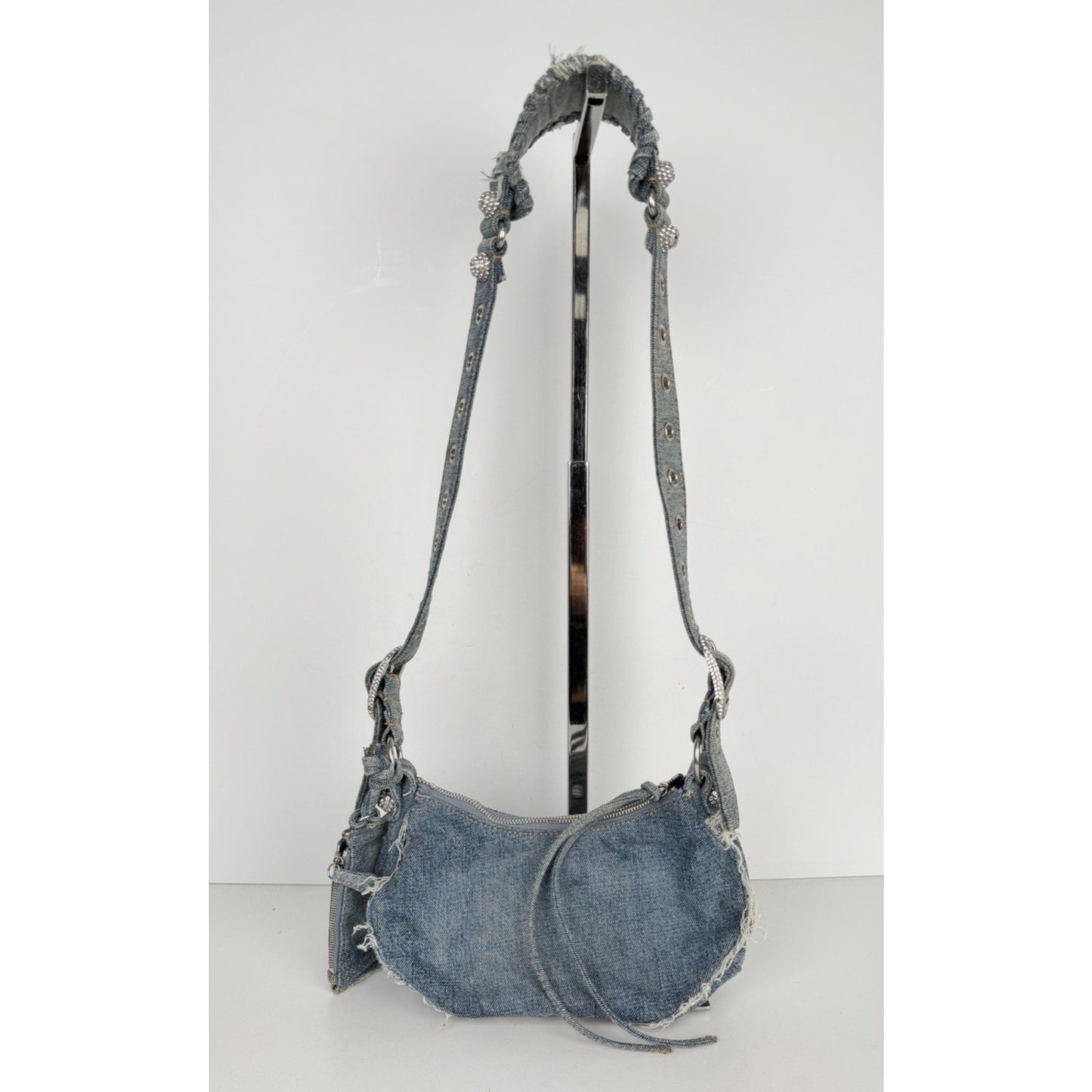 Balenciaga Le Cagole Bag XS in Blue Distressed Denim with Crystal Hardware S-01