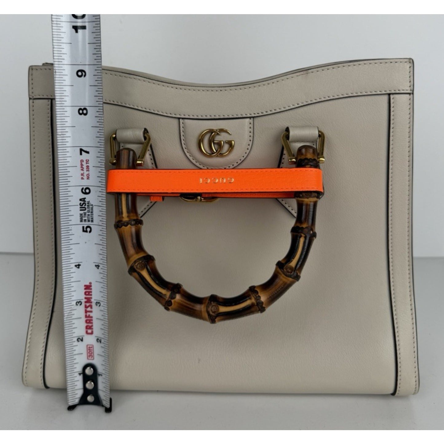 Gucci Diana Small Tote Bag in Beige with Orange Fluo Leather Bamboo Handles B5