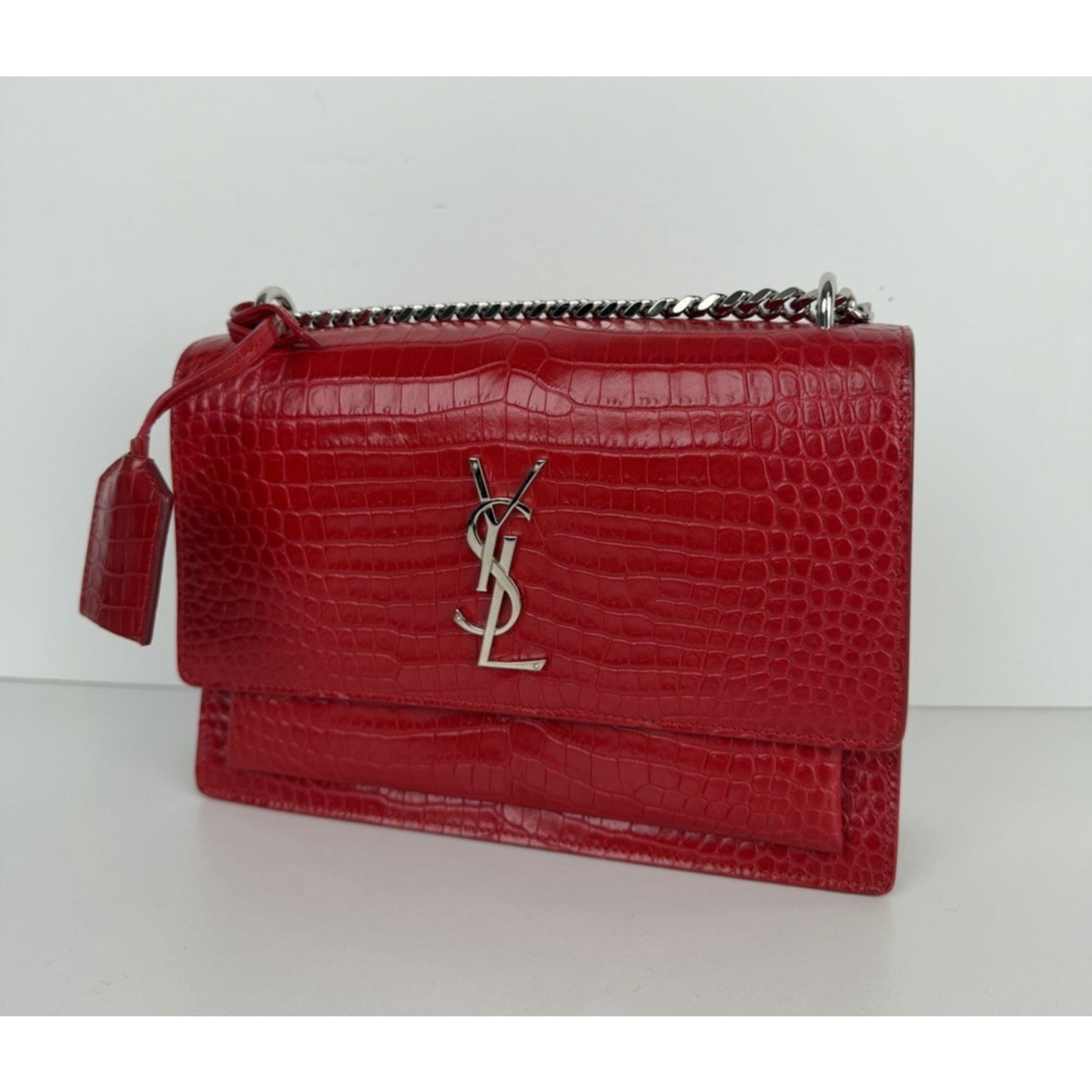 Saint Laurent Sunset Shoulder Bag Medium in Red Croc-Embossed Leather S