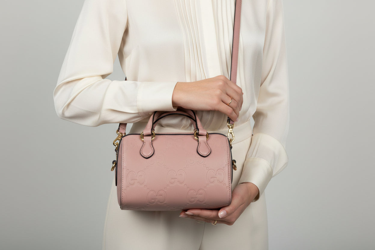Gucci Jumbo GG Super Mini Top Handle Bag in Soft Pink Leather C6
