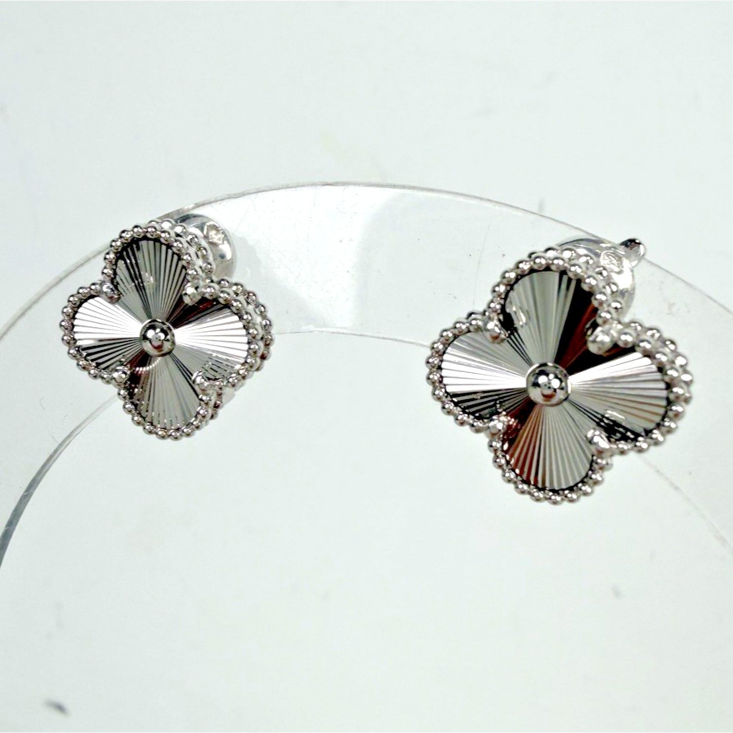 Van Cleef & Arpels Guilloche Alhambra Clover Earrings in 18k White Gold