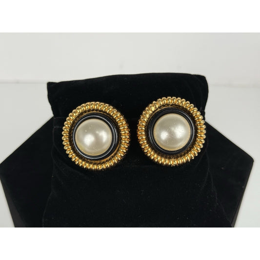 CHANEL Pearl Round Gold Tone Black Earrings