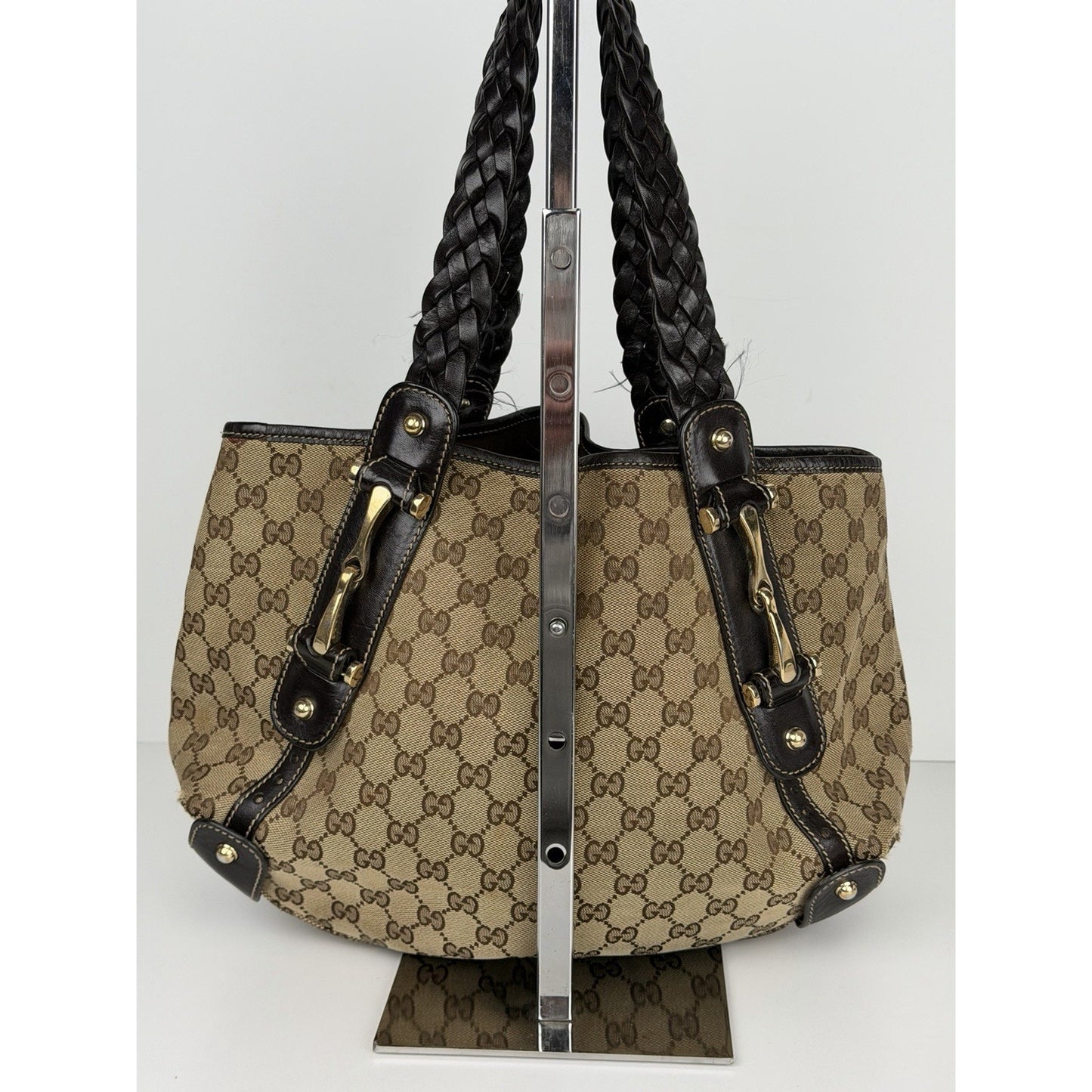 Gucci GG Pelham Shoulder Bag Canvas Braided Leather Handles & Gold Hardware S32
