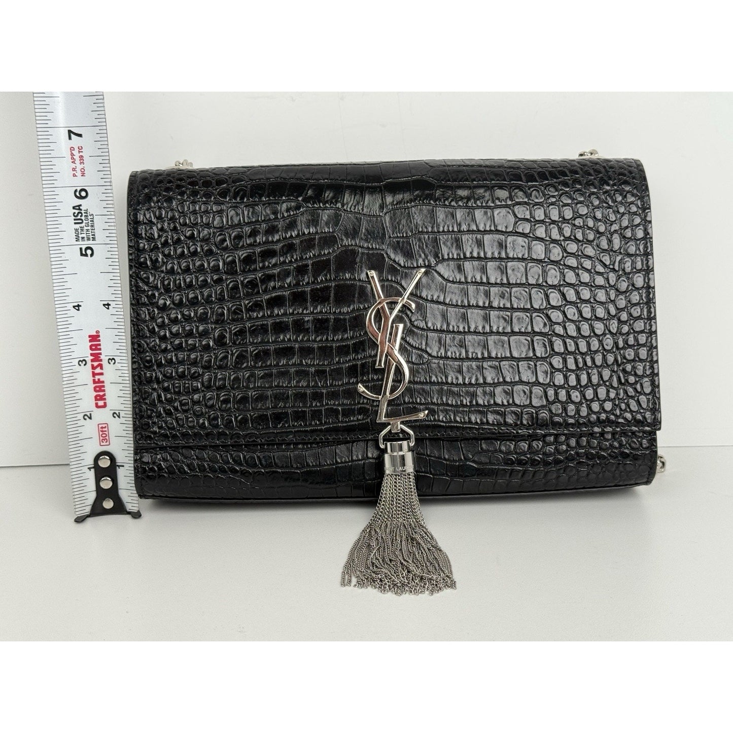 Saint Laurent Kate Tassel Croc-Embossed Leather Shoulder Bag in Black