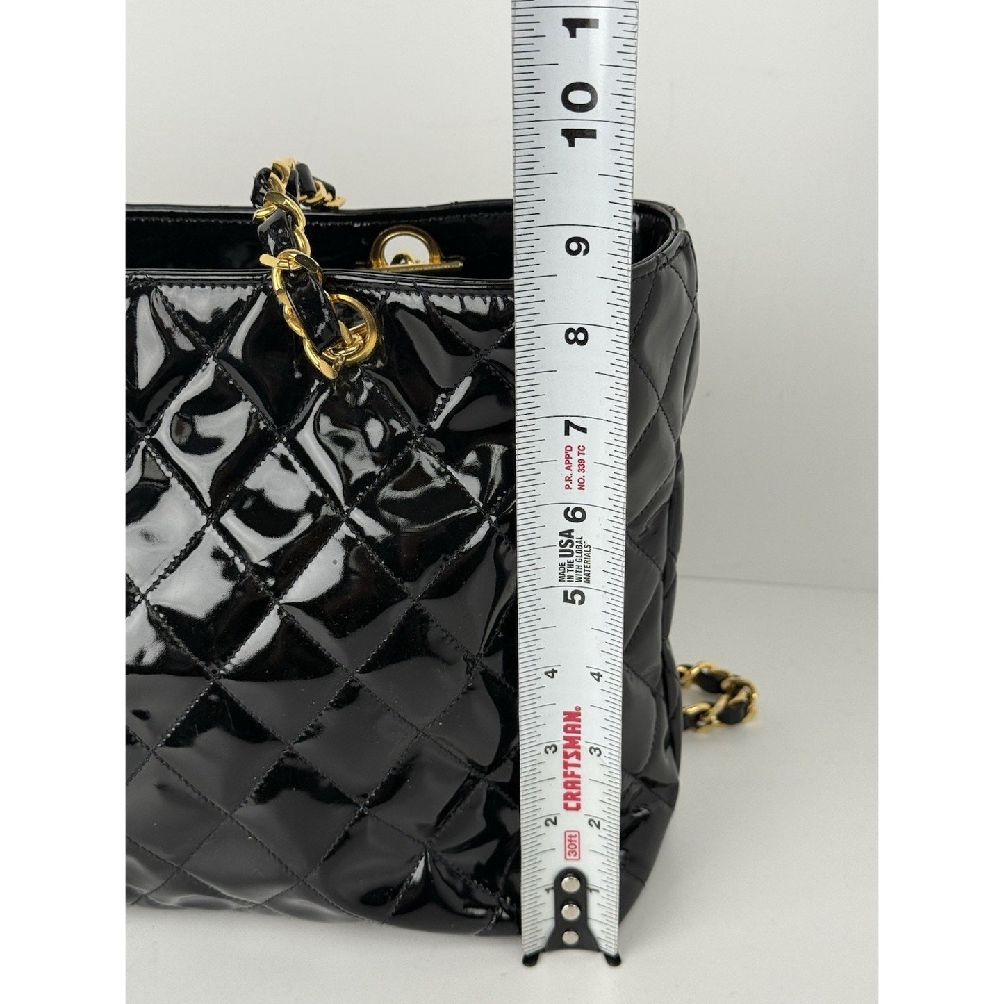 CHANEL Vintage CC Charm Quilted Patent Leather Tote Bag