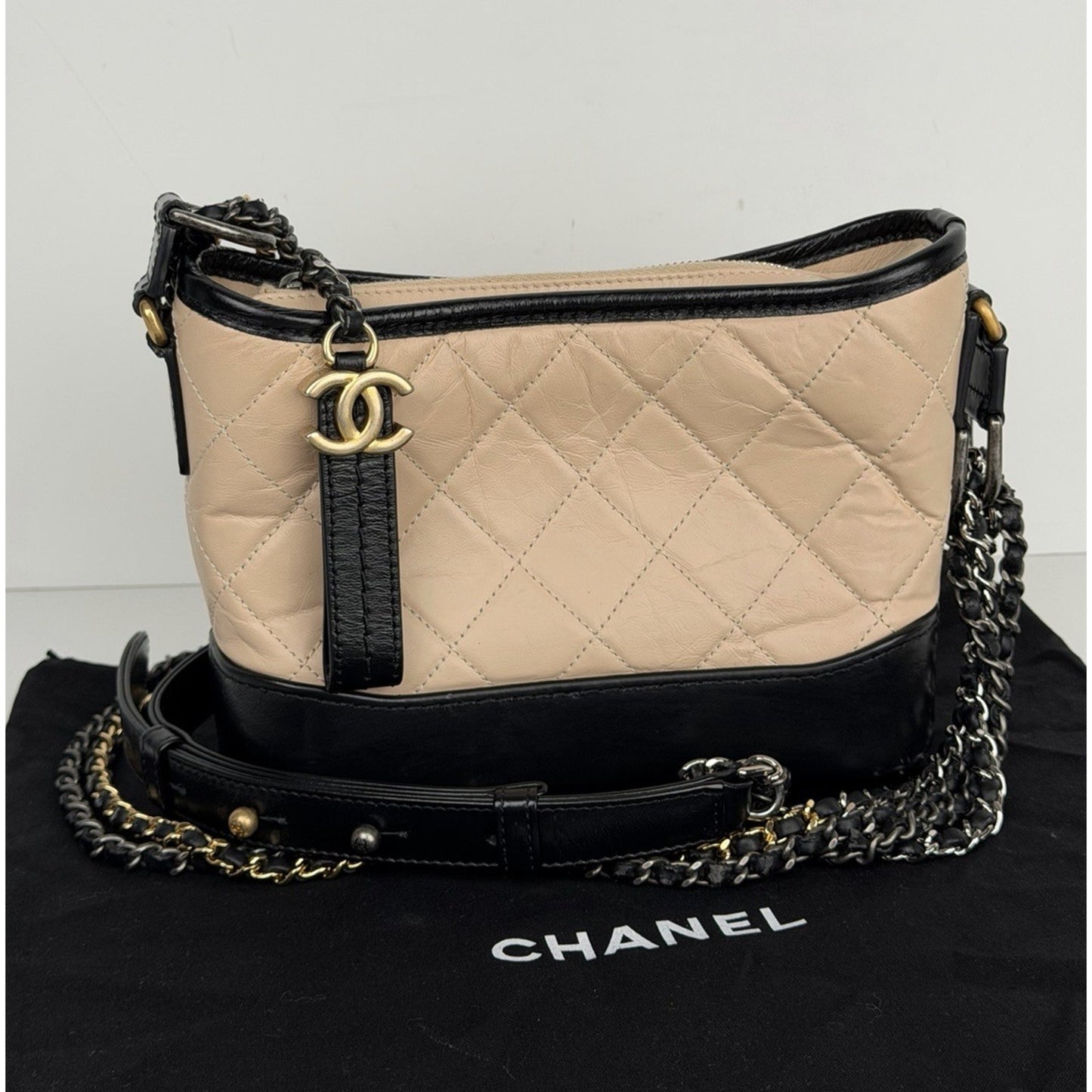 Chanel Small Gabrielle Hobo Bag in Beige and Black Aged Leather 2018 E1