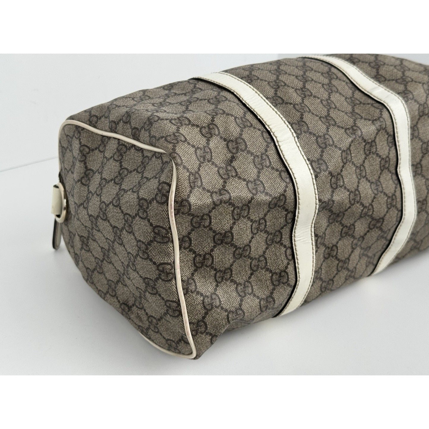 Gucci GG Supreme Medium Joy Boston Bag Brown Canvas White Leather Trim