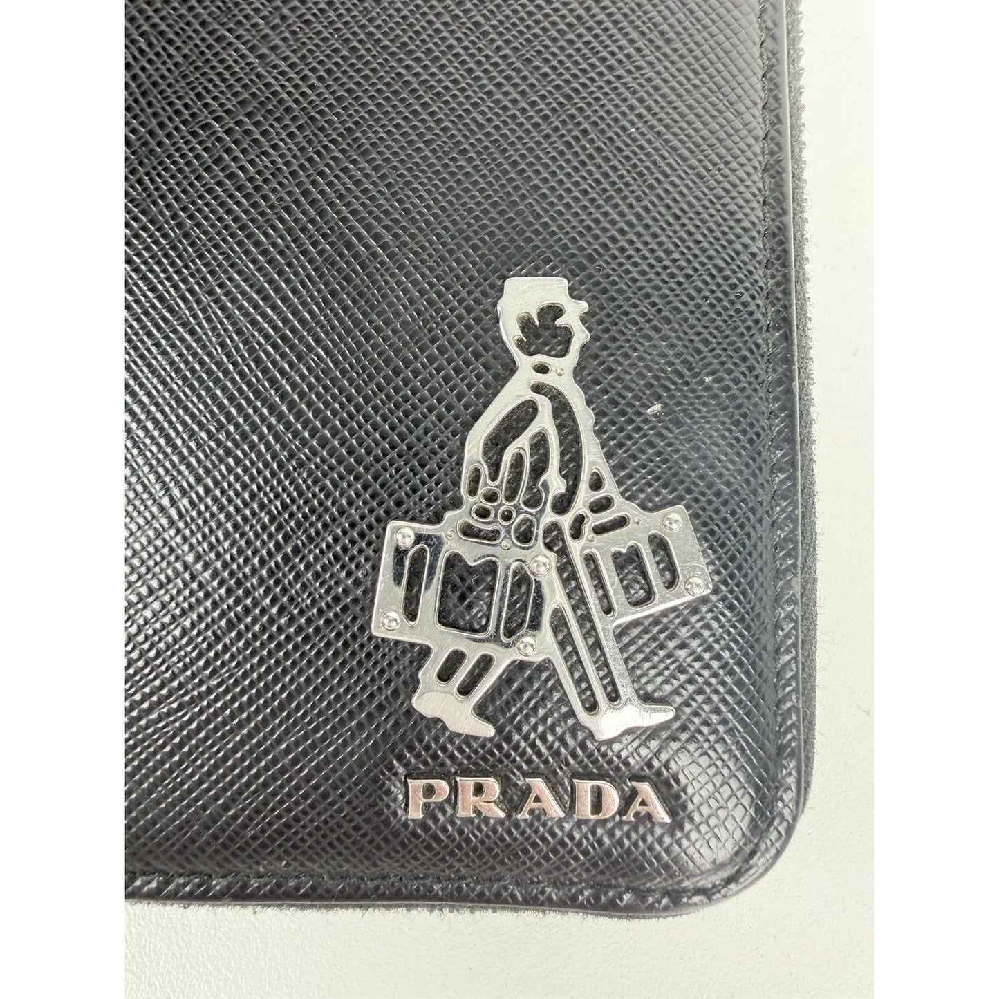 Prada Long Wallet Zip-Around in Black Saffiano Leather Silver-Tone Hardware