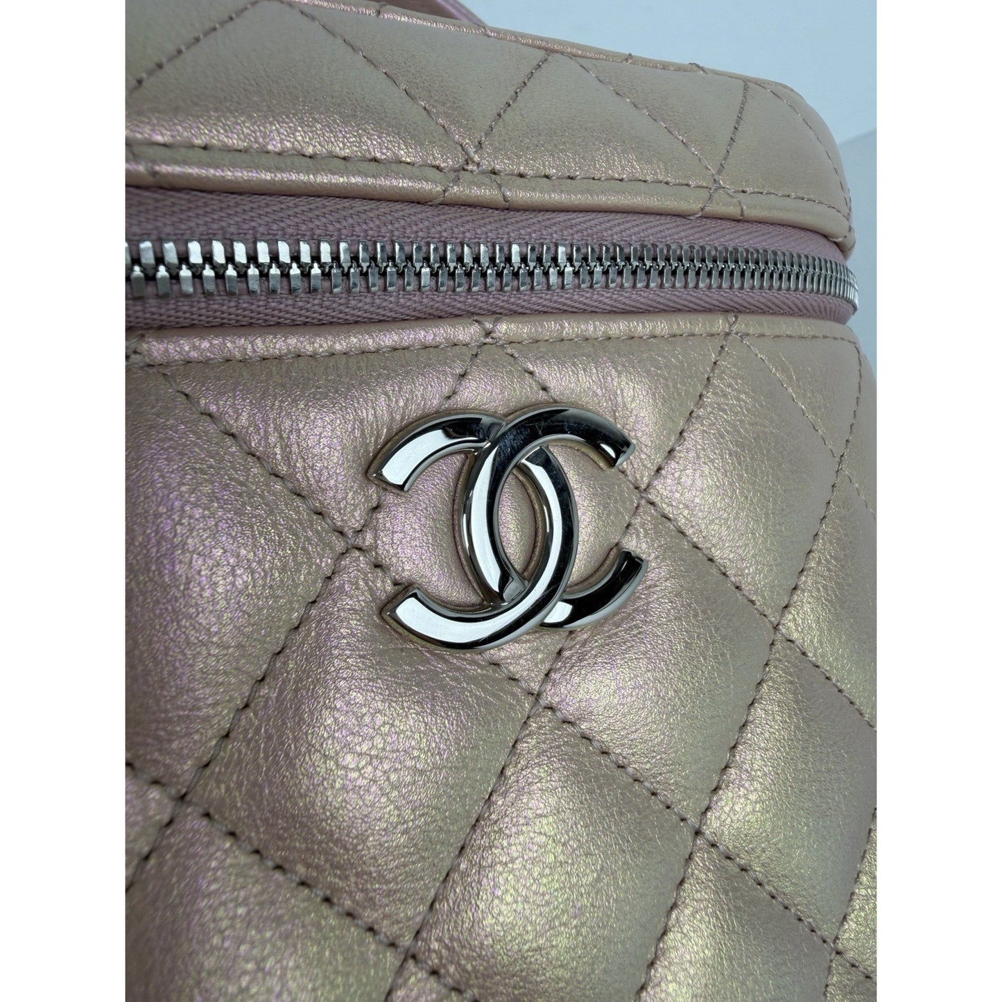 Chanel Small Top Handle Vanity Case Bag Iridescent Pink Quilted Leather NFC B