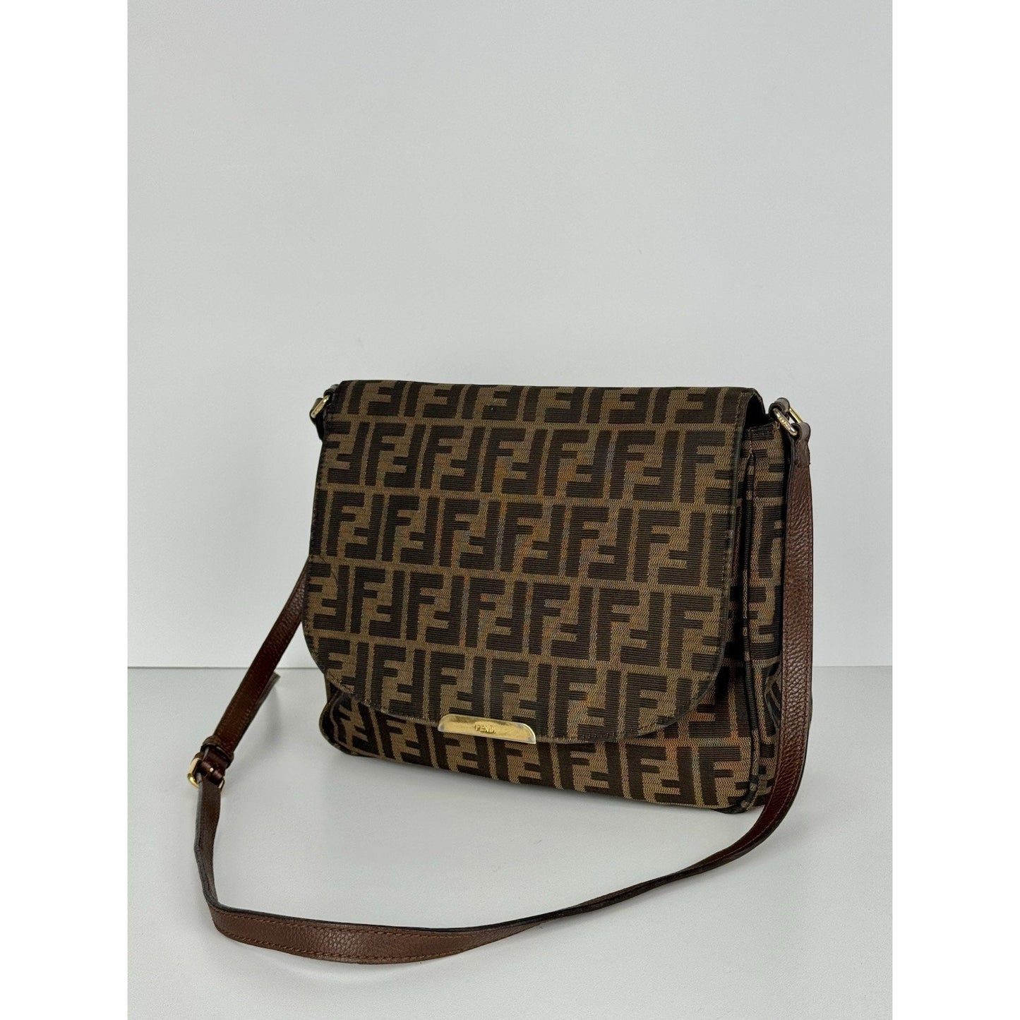 Fendi Tobacco Zucca Canvas Flap Crossbody Bag with Gold Hardware D-1