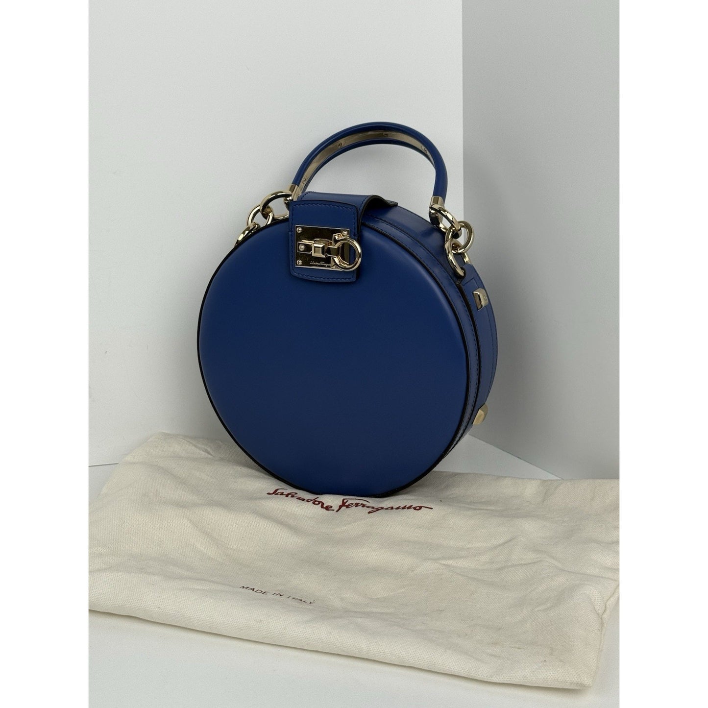 Salvatore Ferragamo Studio Round Bag Blue Leather with Gold Hardware