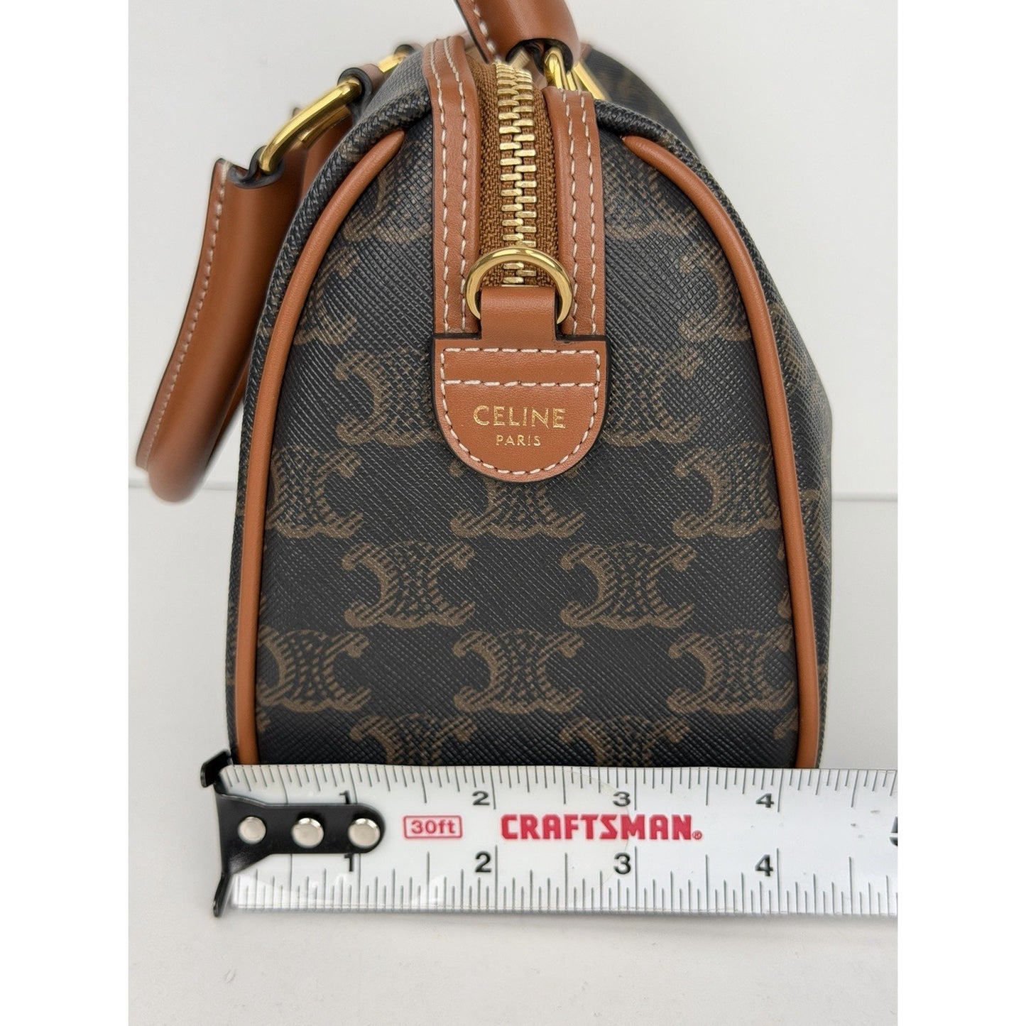CELINE Small Boston Bag in Triomphe Canvas and Calfskin Leather E4