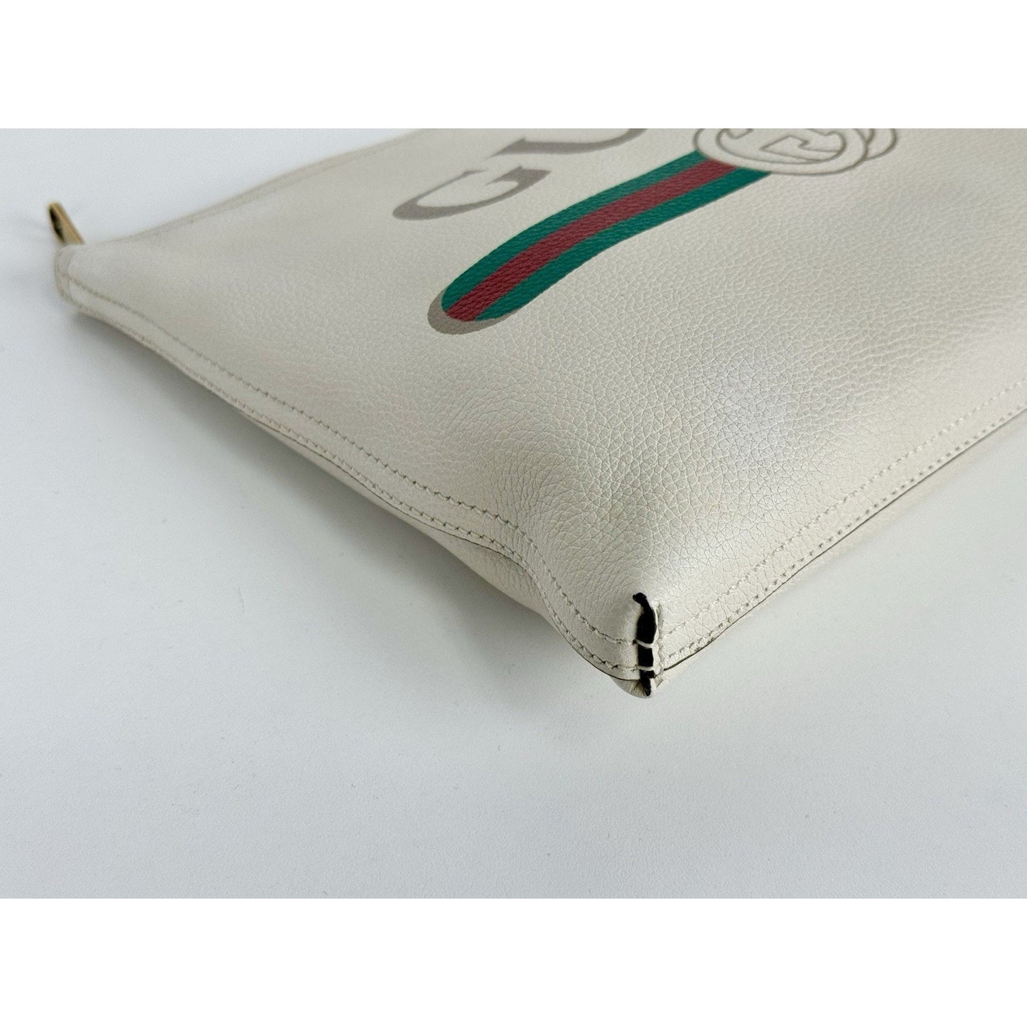 Gucci White Leather Logo Print Zip Pouch with Gold Hardware D-1