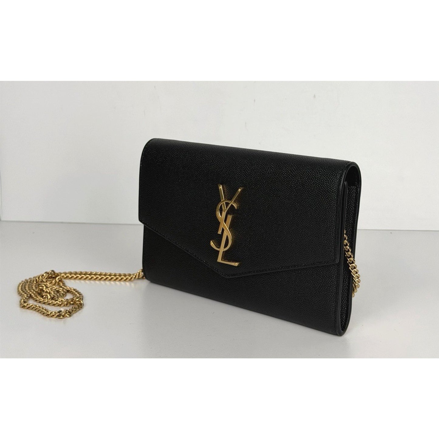 Saint Laurent Uptown Chain Wallet Mini Bag in Black Grain De Poudre Leather S08