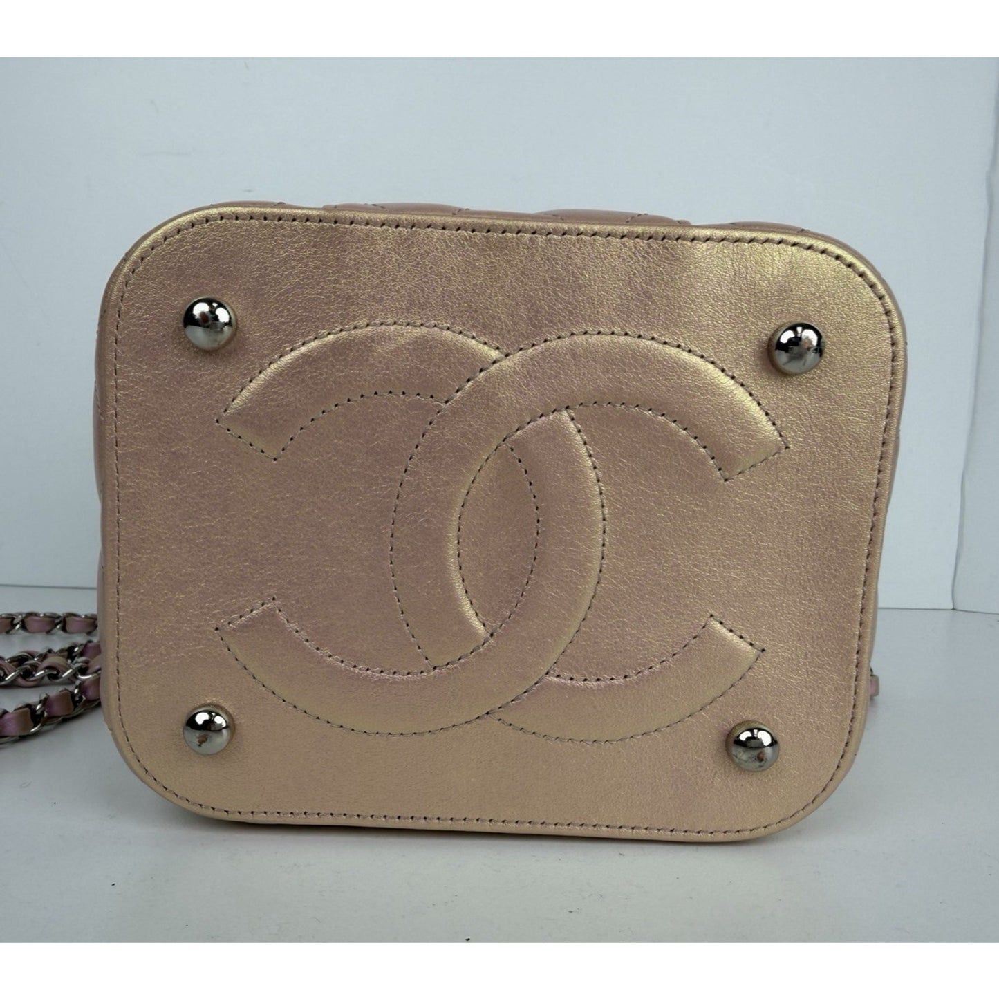 Chanel Small Top Handle Vanity Case Bag Iridescent Pink Quilted Leather NFC B