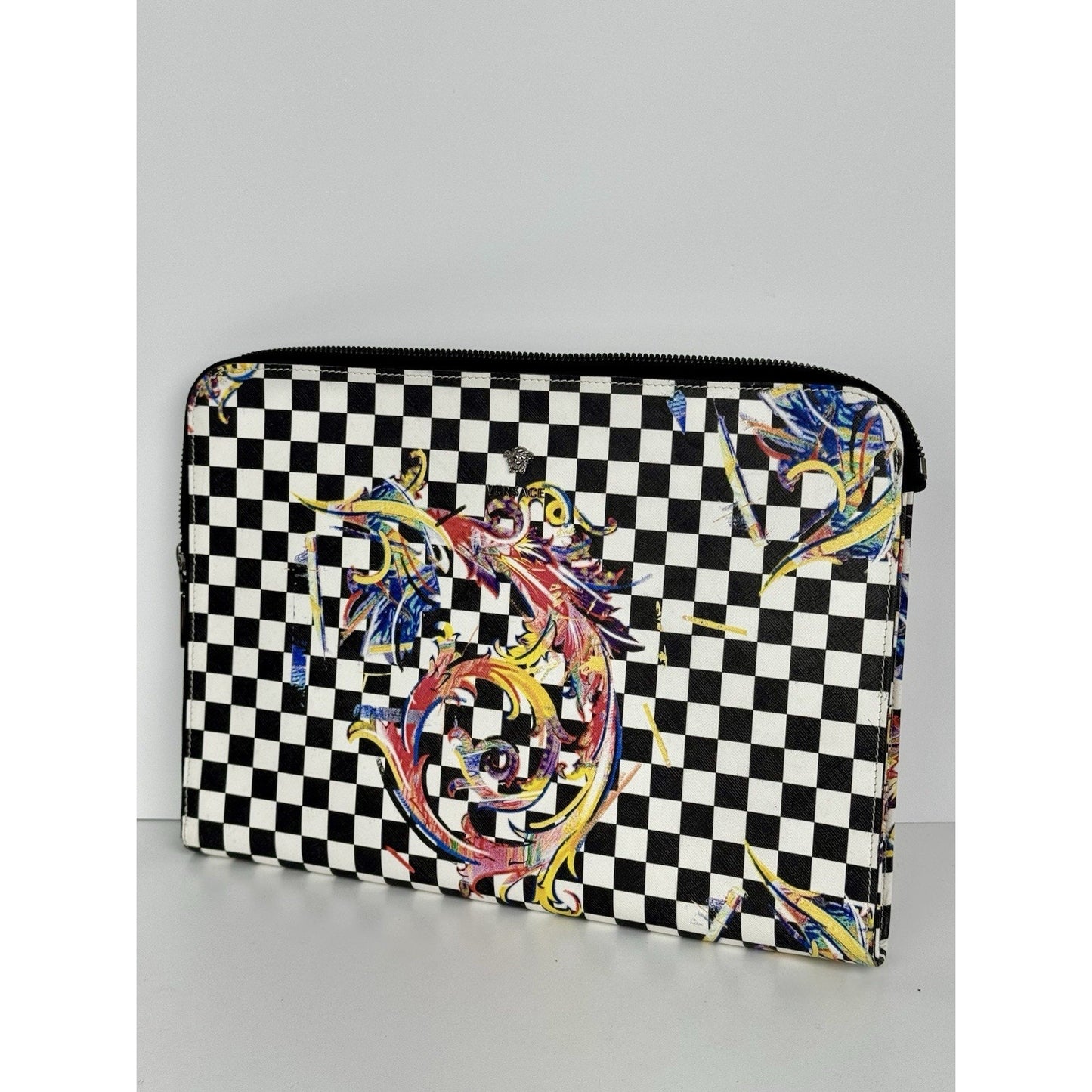 Versace Multicolour Checkerboard Pattern Leather Handbag Silver Hardware