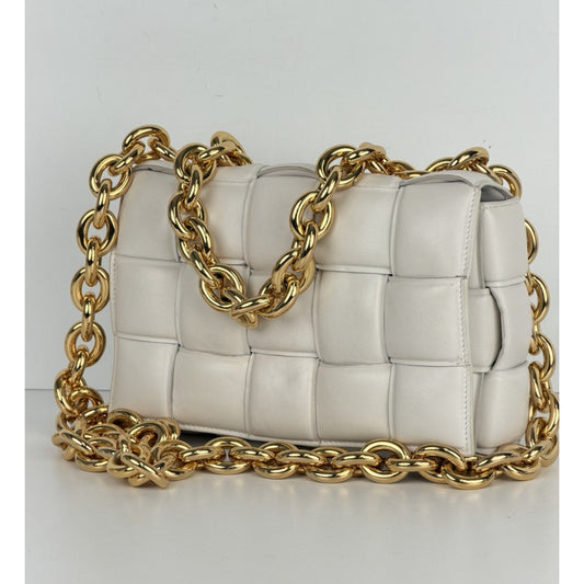 Bottega Veneta Padded Chain Cassette Bag Medium in White Intrecciato Leather S