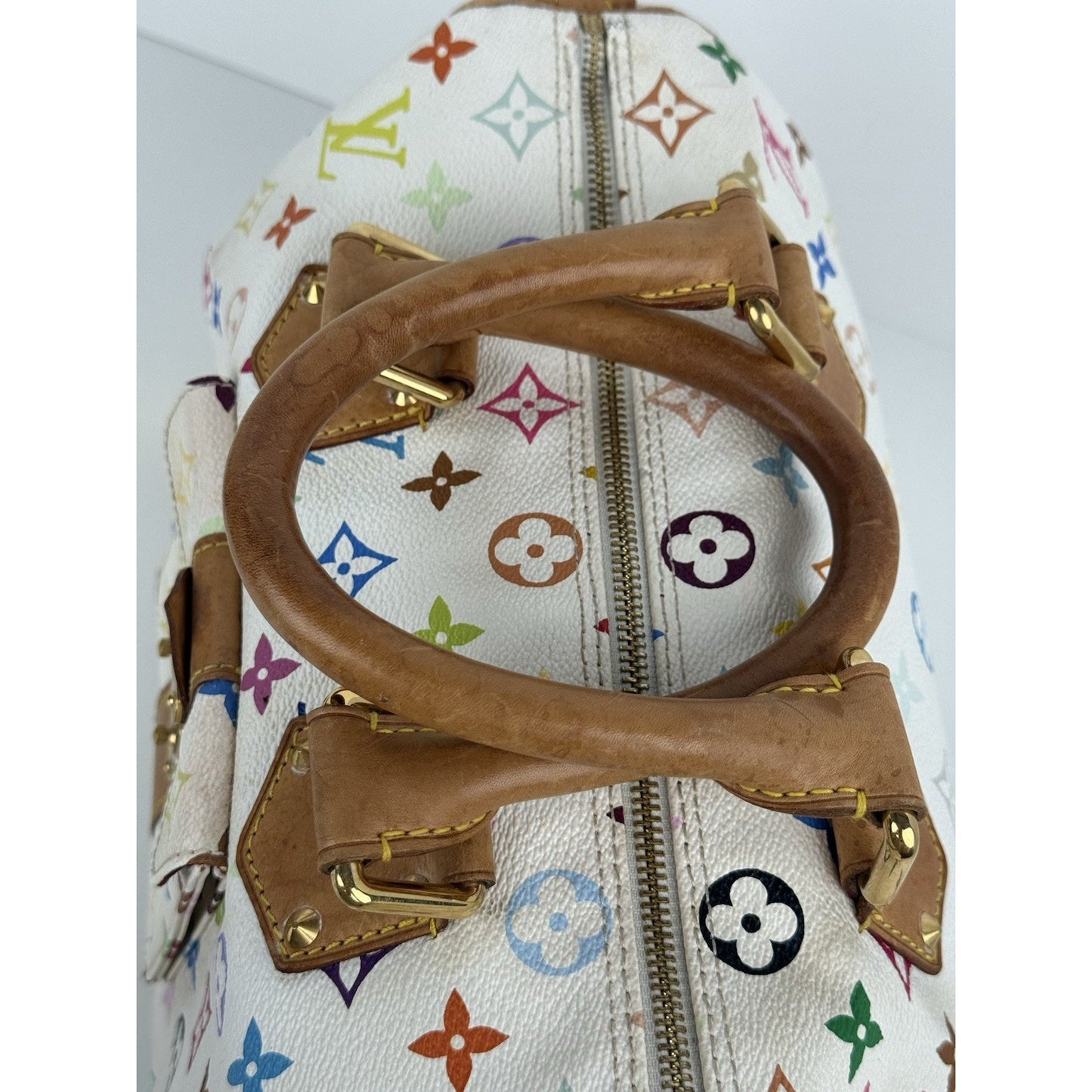 LOUIS VUITTON Speedy 30 Handbag White & Multicolor Monogram Canvas