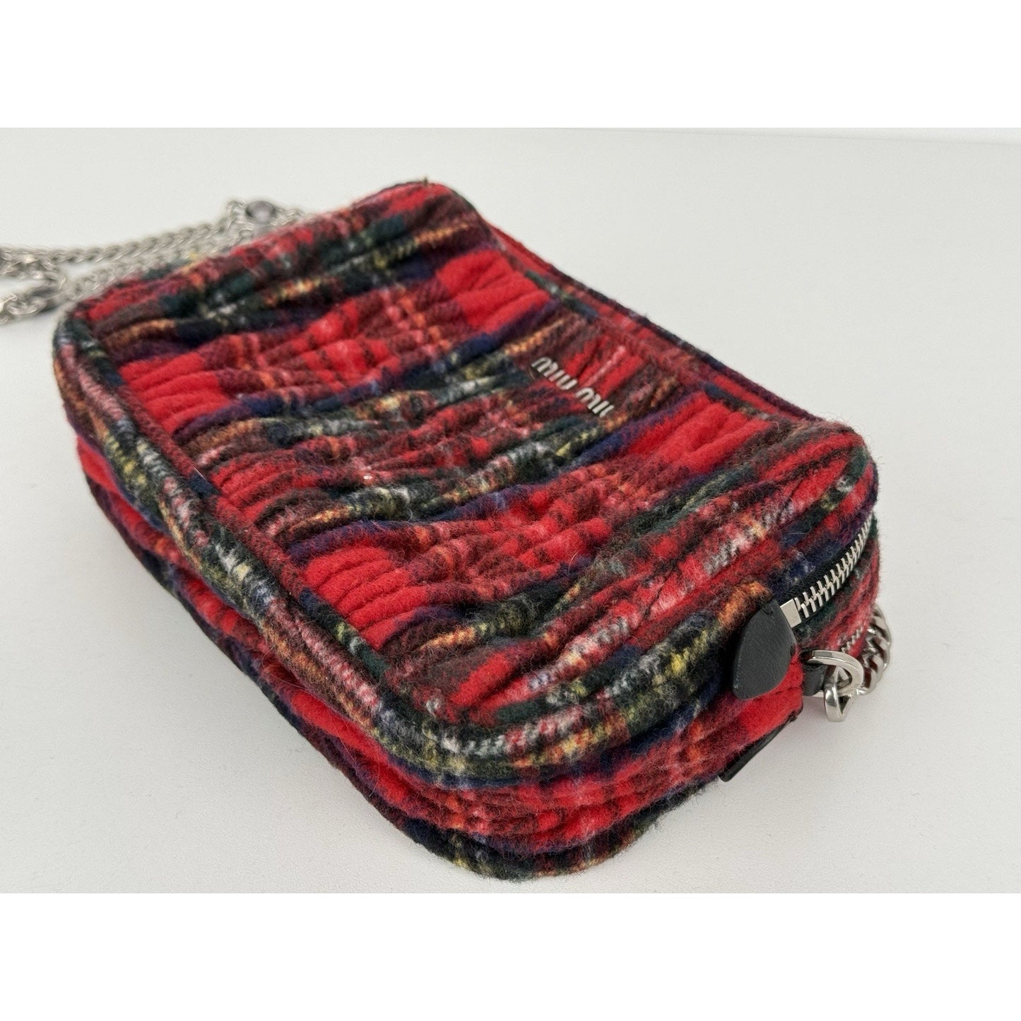 Miu Miu Tartan Matelassé Double Zip Chain Bag Red