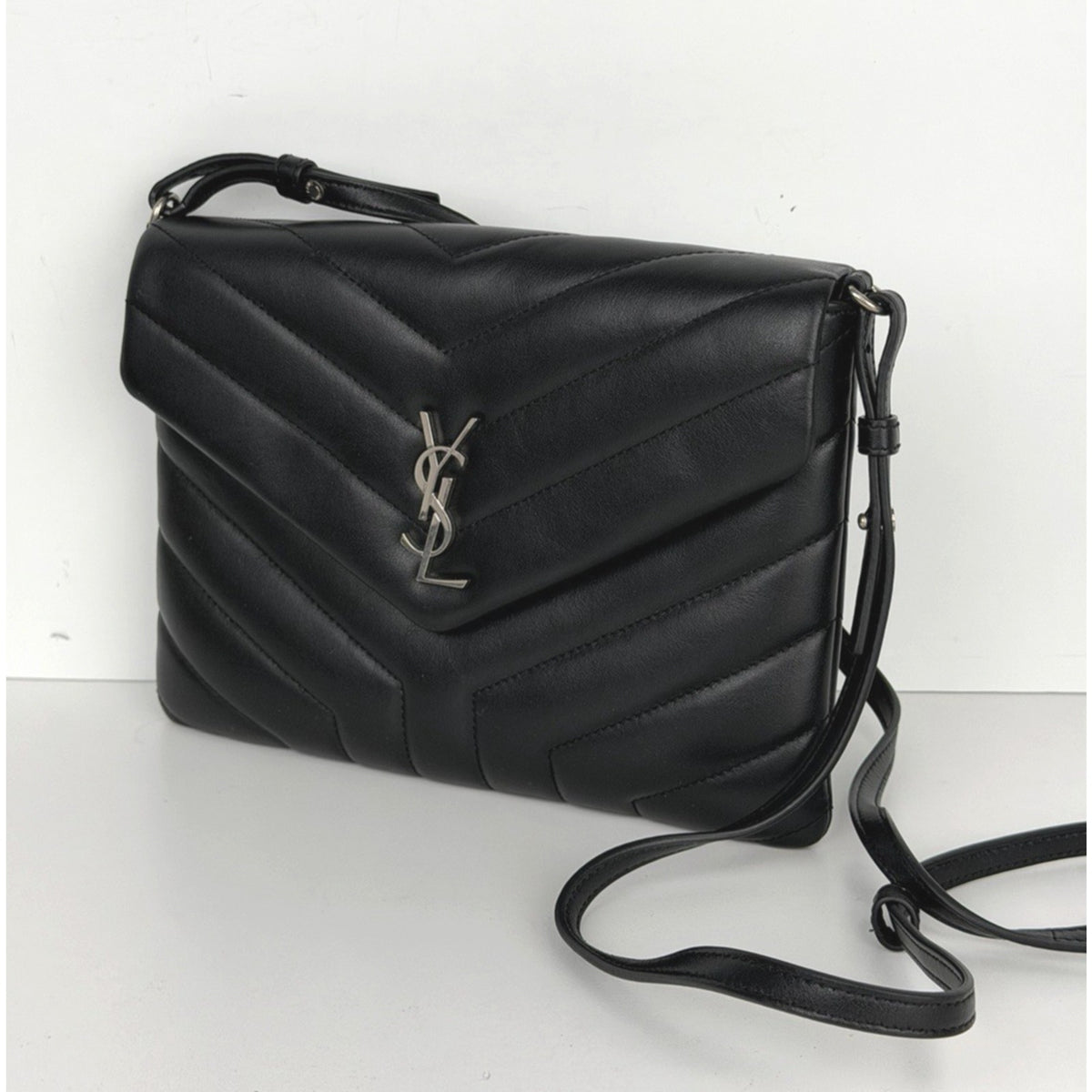 Saint Laurent Loulou Crossbody Bag Small in Black Chevron Quilted Leather S-10