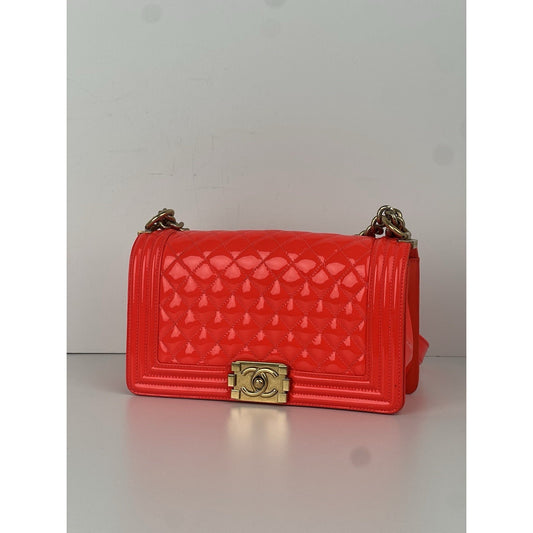 CHANEL Patent Quilted Medium Boy Flap Orange Shoulder Bag (2015-2016)