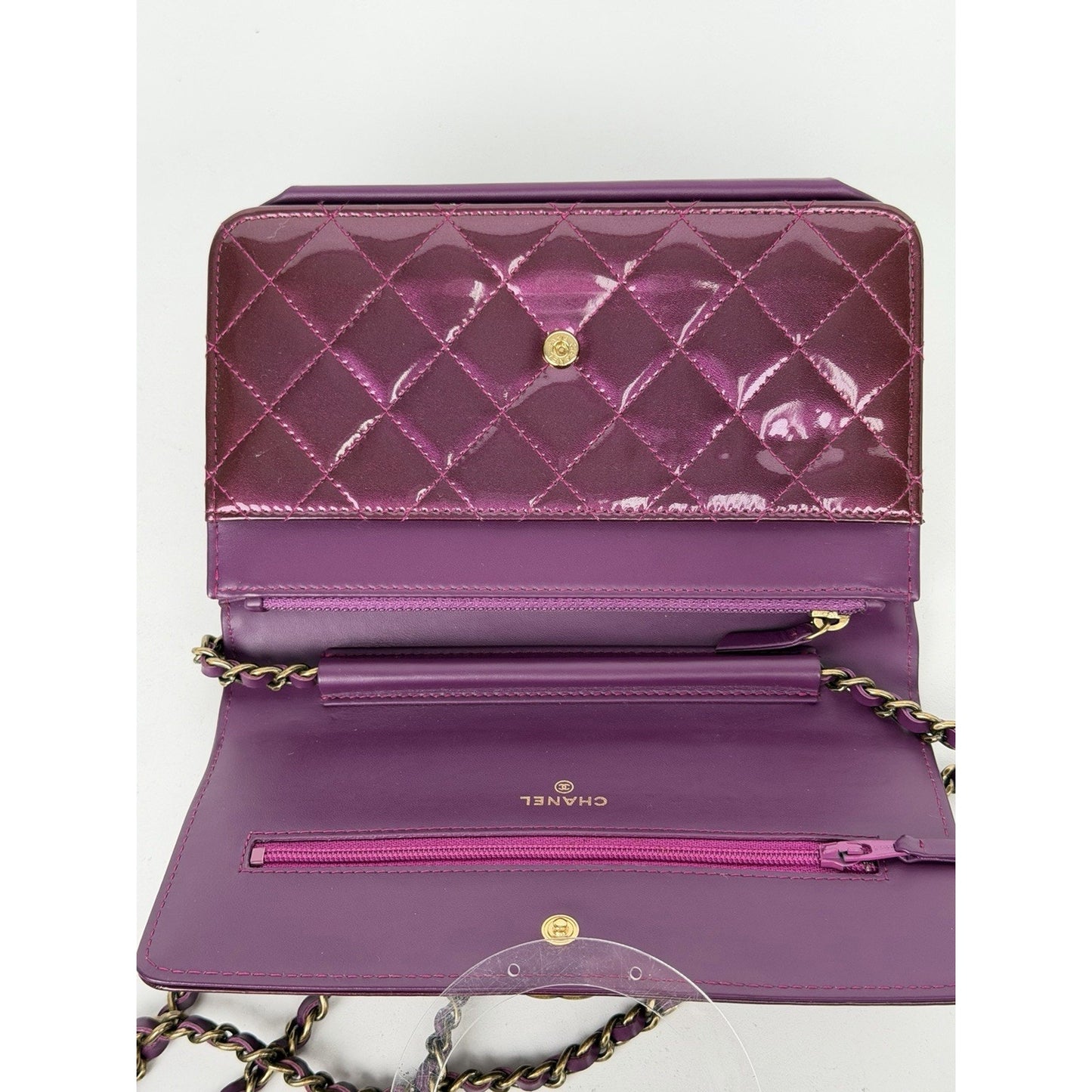 Chanel Boy Wallet on Chain Quilted Bag in Purple Patent Leather 2015-2016 E4