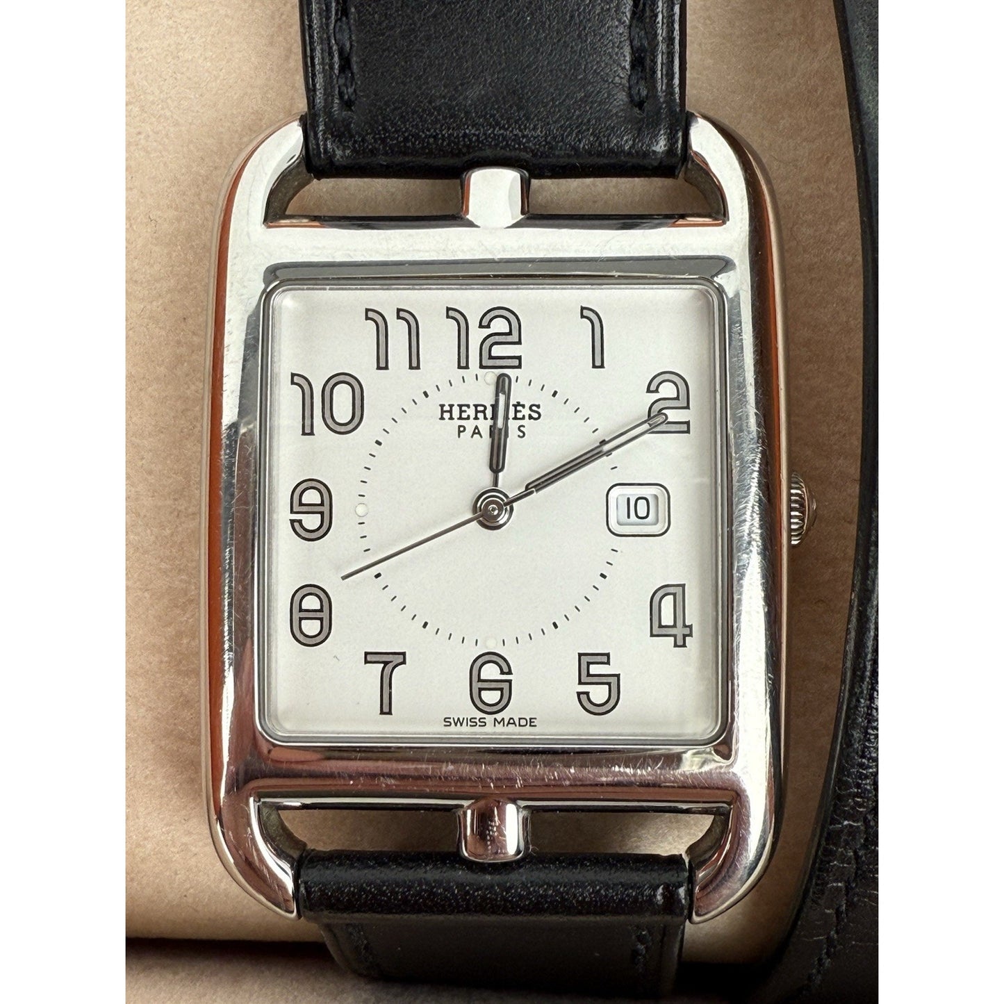 HERMES Cape Cod Black Leather Band Watch CC2.710 Box