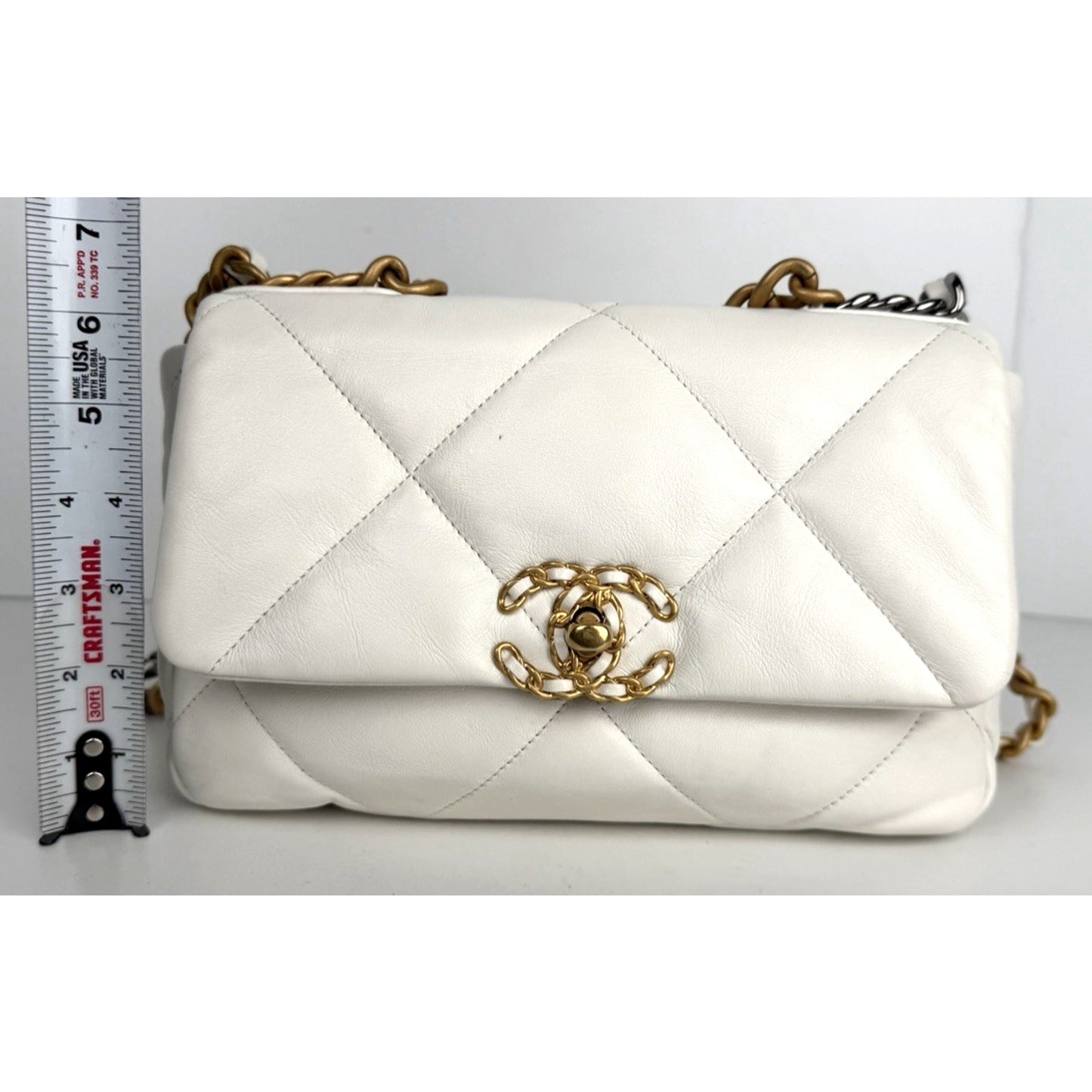 Chanel 19 Flap Small Shoulder Bag in Beige Quilted Lambskin Leather NFC E3