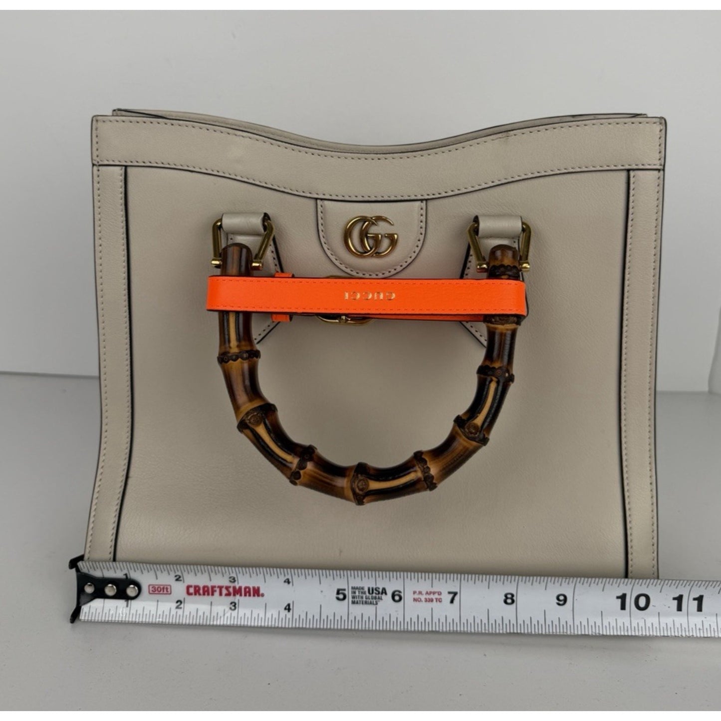 Gucci Diana Small Tote Bag in Beige with Orange Fluo Leather Bamboo Handles B5
