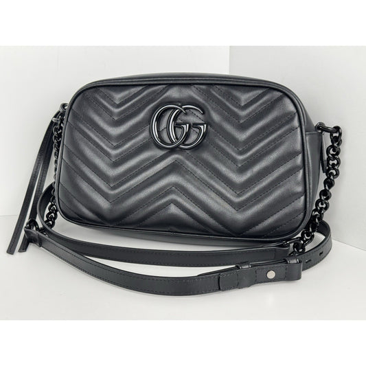 Gucci Matelassé Monochrome Small GG Marmont Chain Shoulder Bag Black B-9