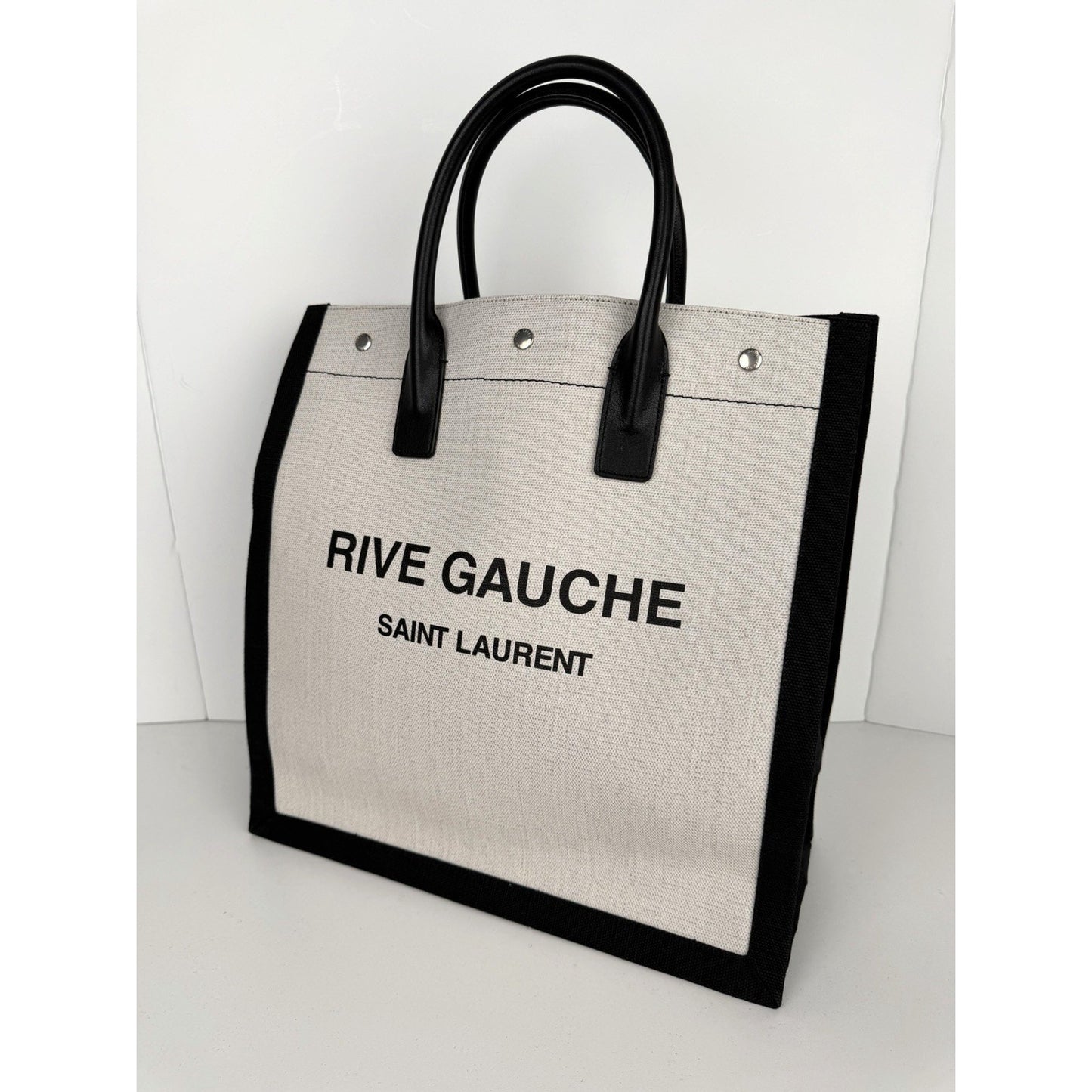 Saint Laurent Rive Gauche North/South Vertical Tote Bag White & Black Canvas S06