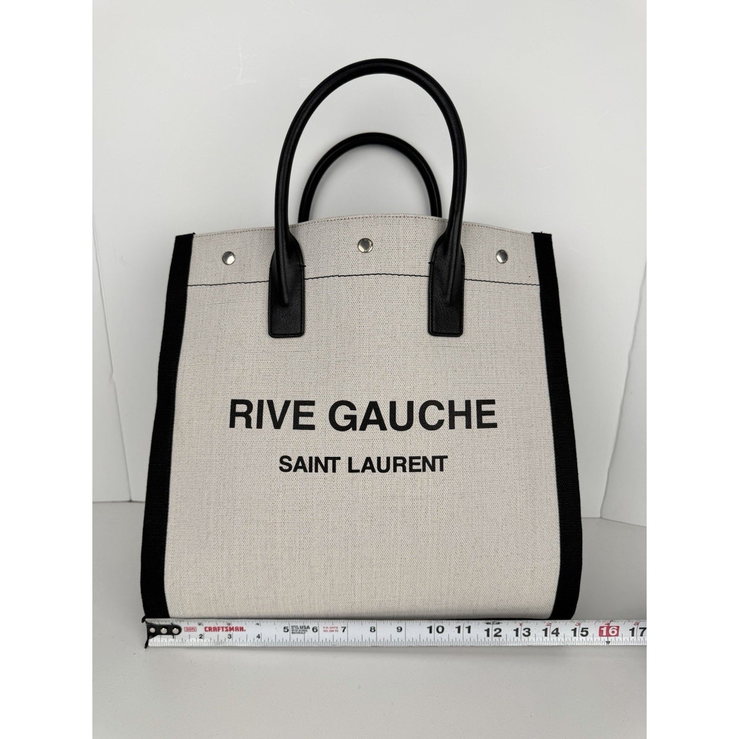 Saint Laurent Rive Gauche North/South Vertical Tote Bag White & Black Canvas S06