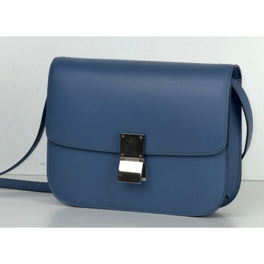 Celine Classic Box Flap Medium Bag in Blue Liege Calfskin Leather S