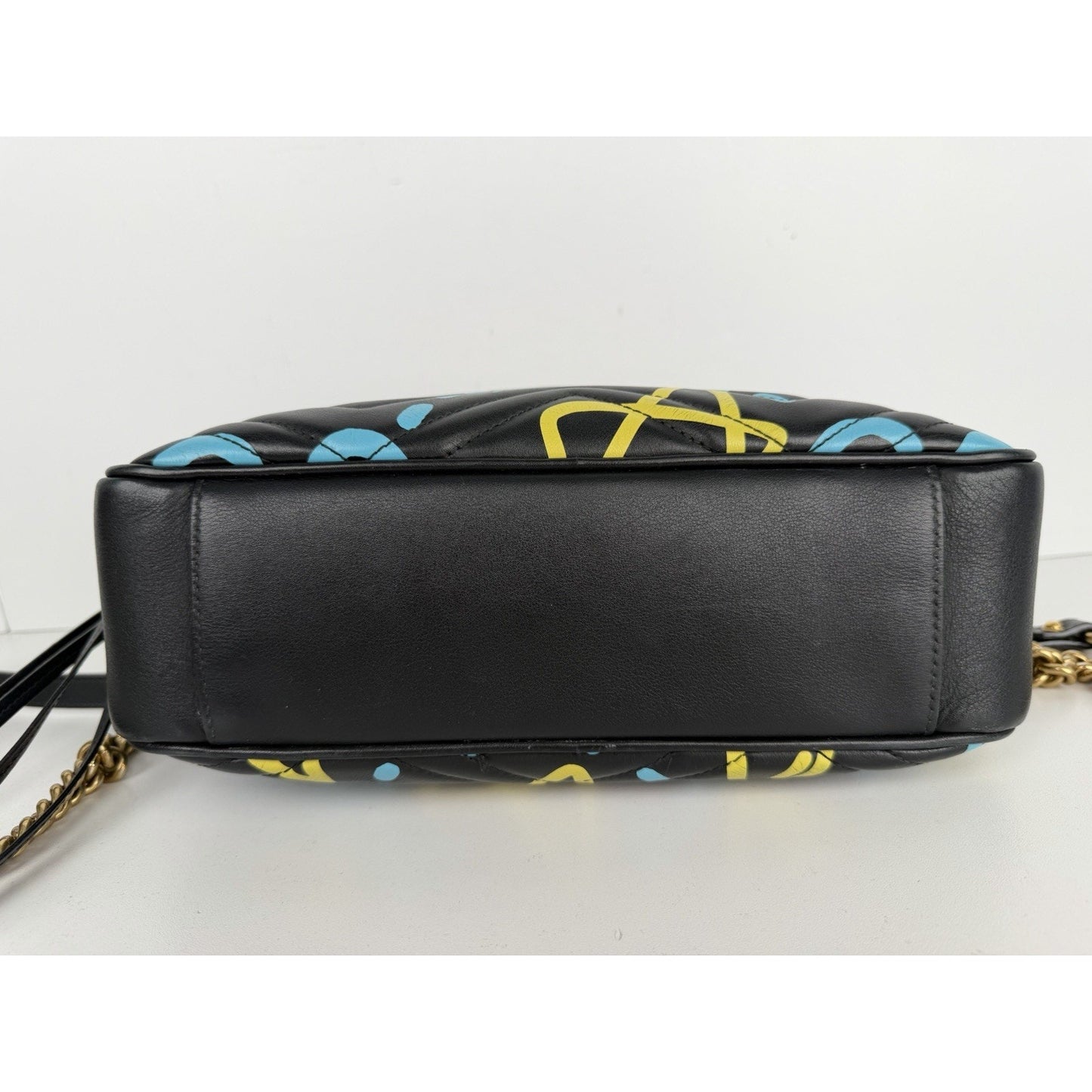 Gucci Ghost GG Marmont Camera Bag Medium in Black Leather with Graffiti Print S1