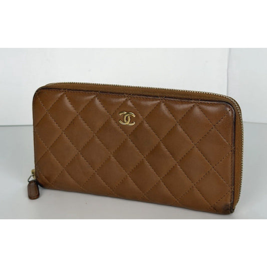 Chanel Timeless Quilted Leather Zip Around Wallet Brown with Gold Hardware