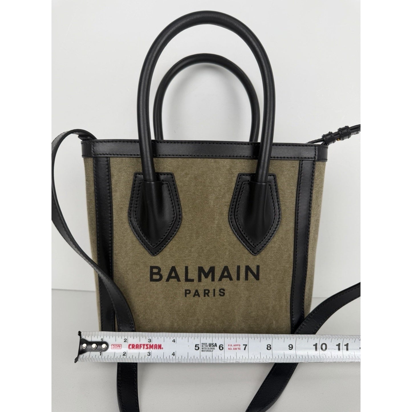 Balmain B-Army Logo Canvas 24 Shopper Tote Bag in Khaki & Black S17