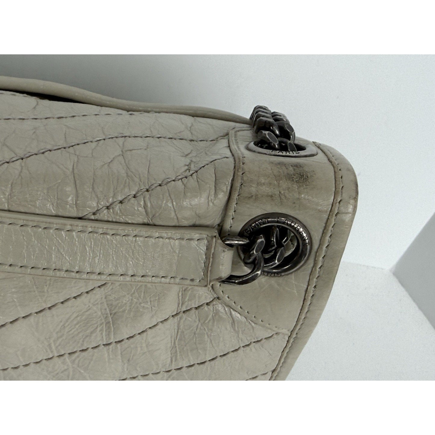 Saint Laurent Niki Medium Chain Satchel Crinkled Calfskin Matelassé Crema Soft