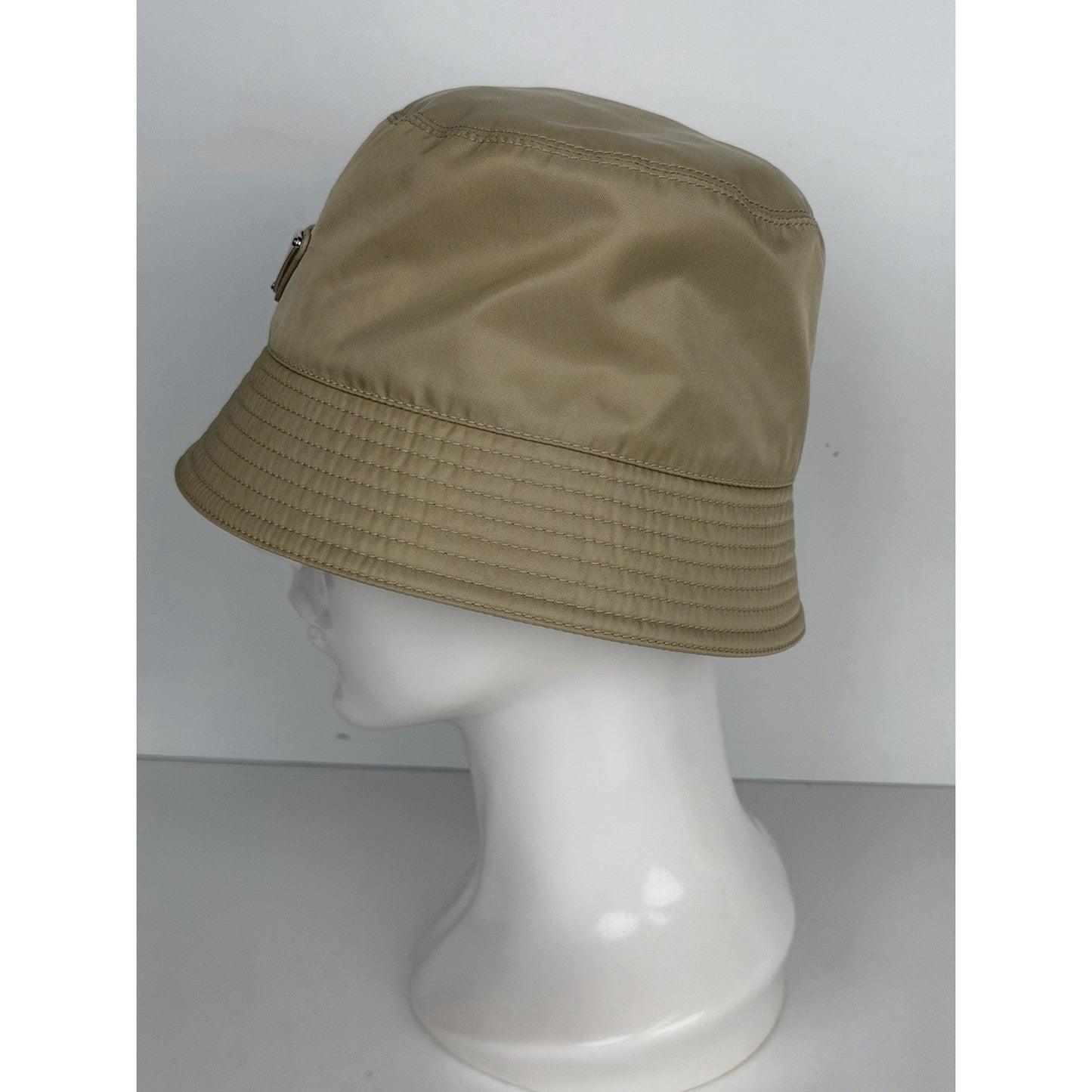 Prada Re-Nylon Bucket Hat Desert Beige & Metal Triangle Logo K3