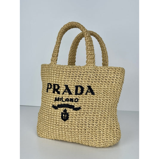 Prada Raffia Tote Bag Beige with Embroidered Logo B-2
