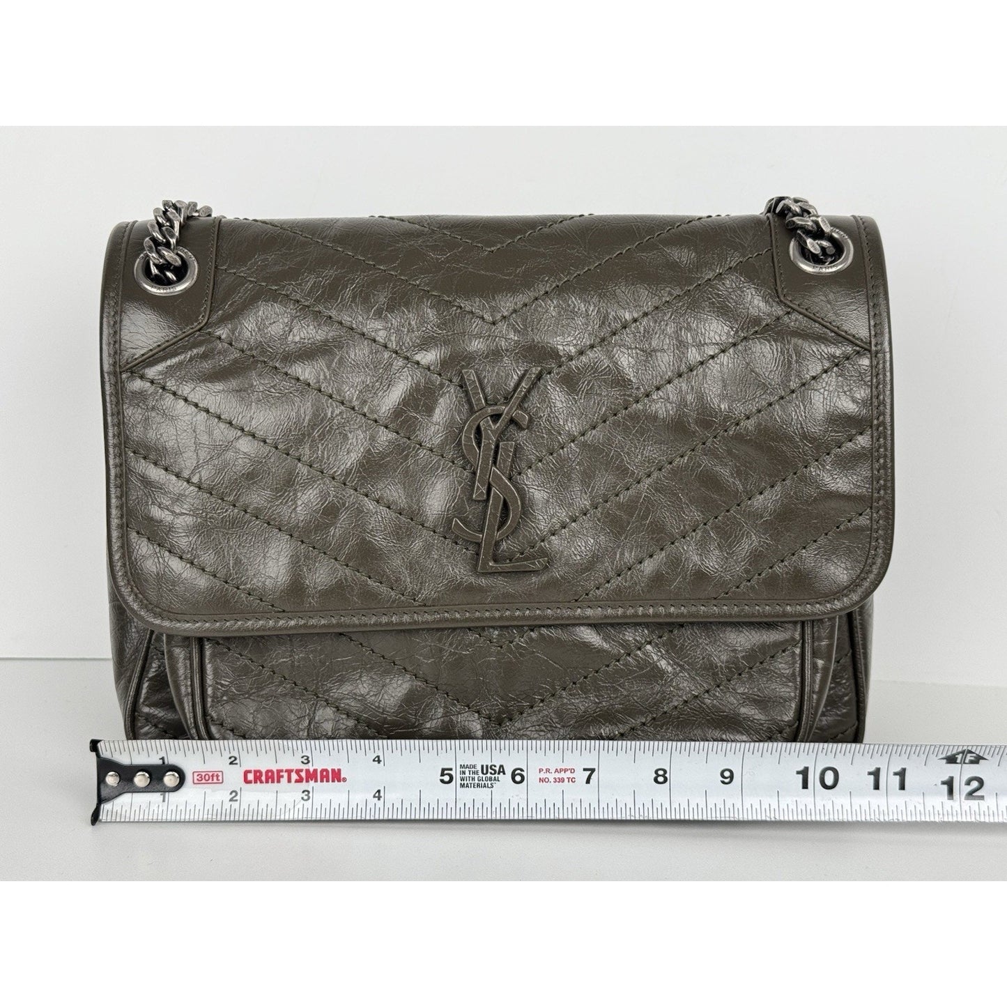 Saint Laurent Niki Medium Crinkled Matelassé Chain Satchel Dark Green C-6