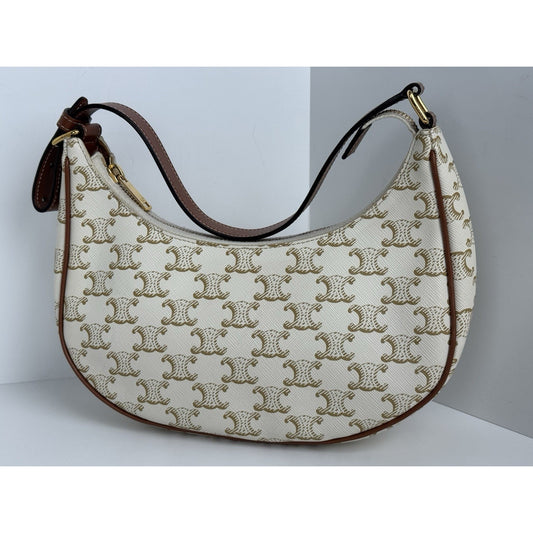 CELINE Canvas Calfskin Ava Triomphe Shoulder Bag White C-1