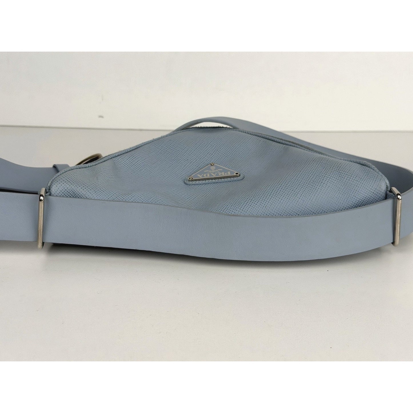 Prada Shoulder Bag Triangle Logo in Light Blue Saffiano Leather S05