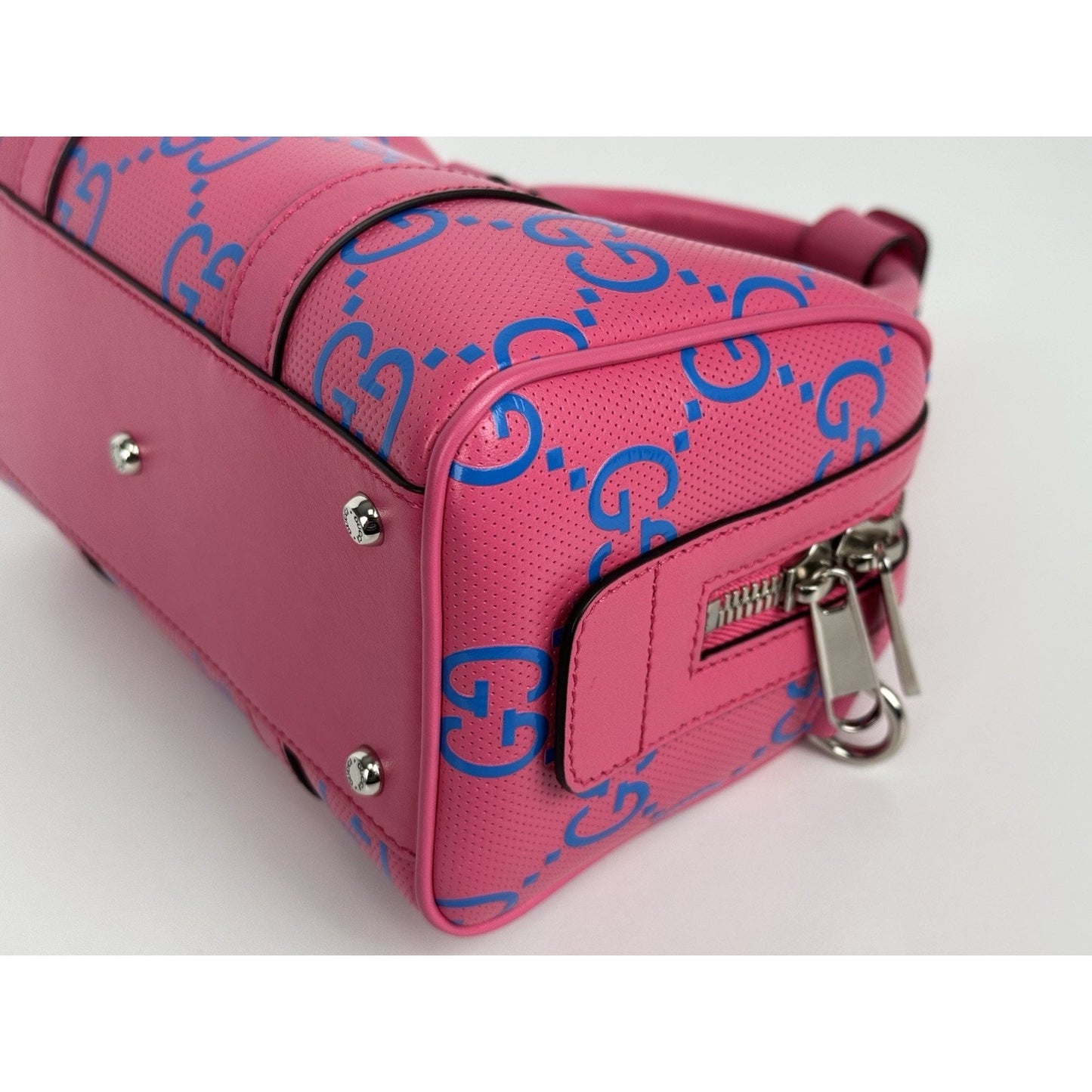 Gucci GG Tennis Perforated Leather Mini Duffle Bag Modern Pink and Blue C-1