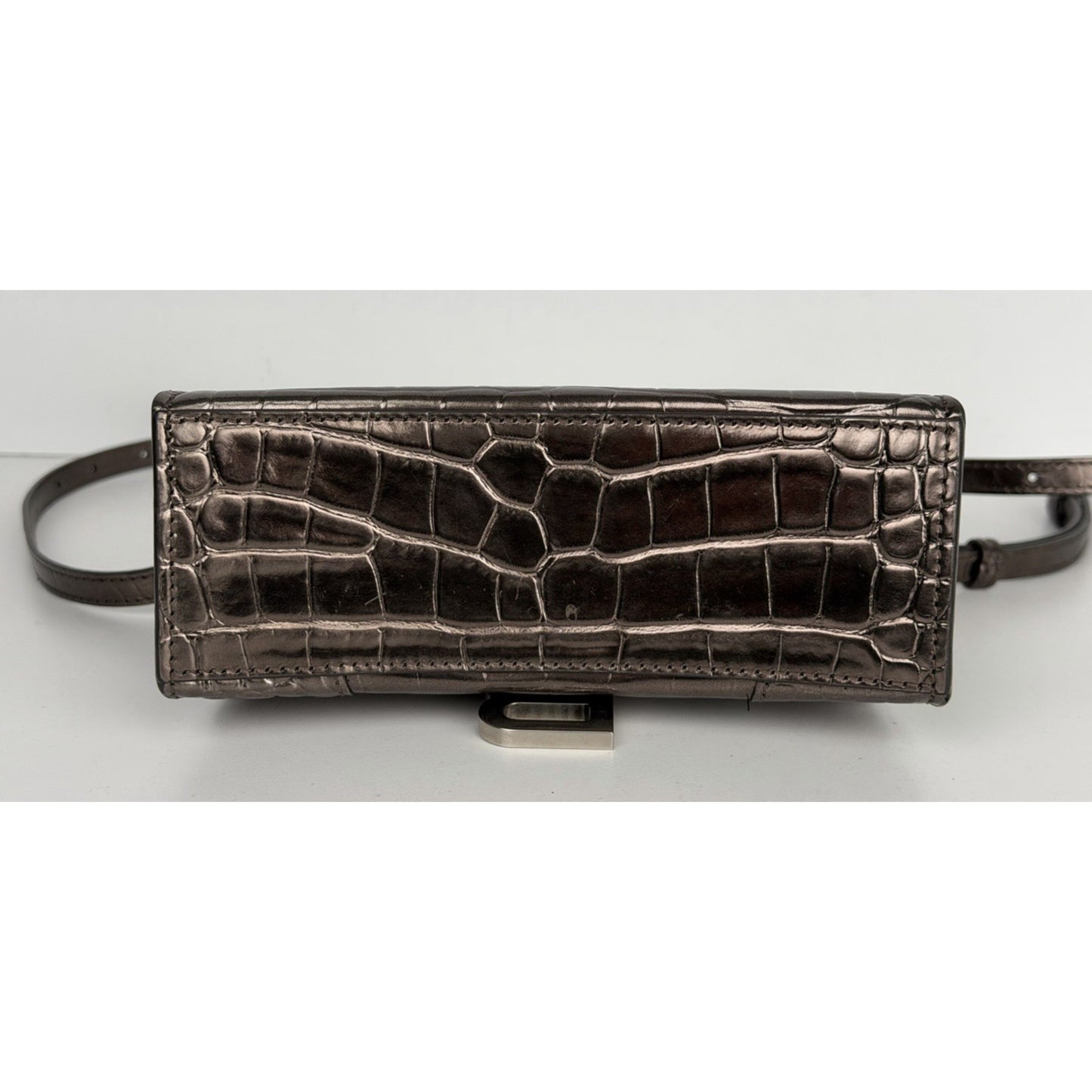 Balenciaga Hourglass XS Bag in Metallic Dark Gray Croc-Effect Leather S03