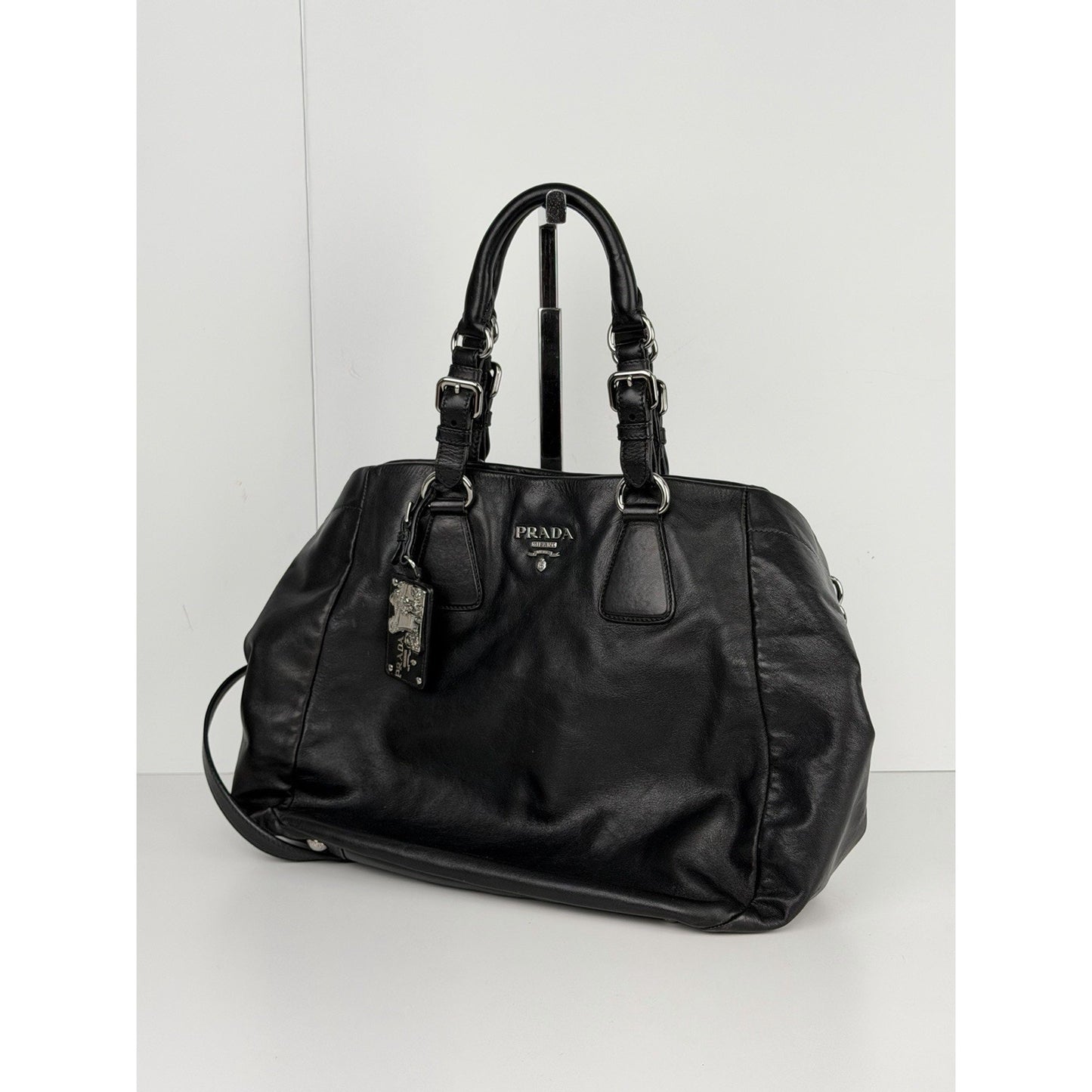 Prada Buckle L Bowler Two-Way Shoulder Bag in Black Soft Calfskin Leather S-07