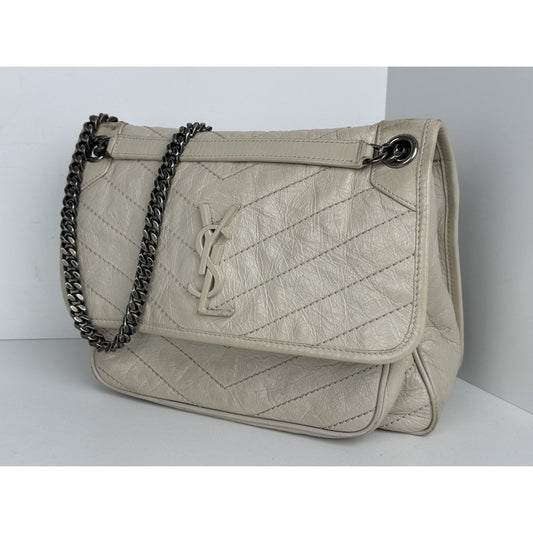 Saint Laurent Niki Medium Chain Satchel Crinkled Calfskin Matelassé Crema Soft